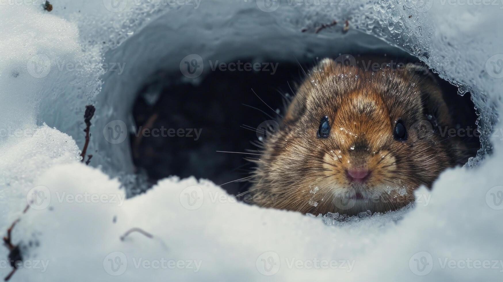 Closeup of a Collared Lemming snuggled inside its cozy nest within the snow burrow with only its e little face visible photo