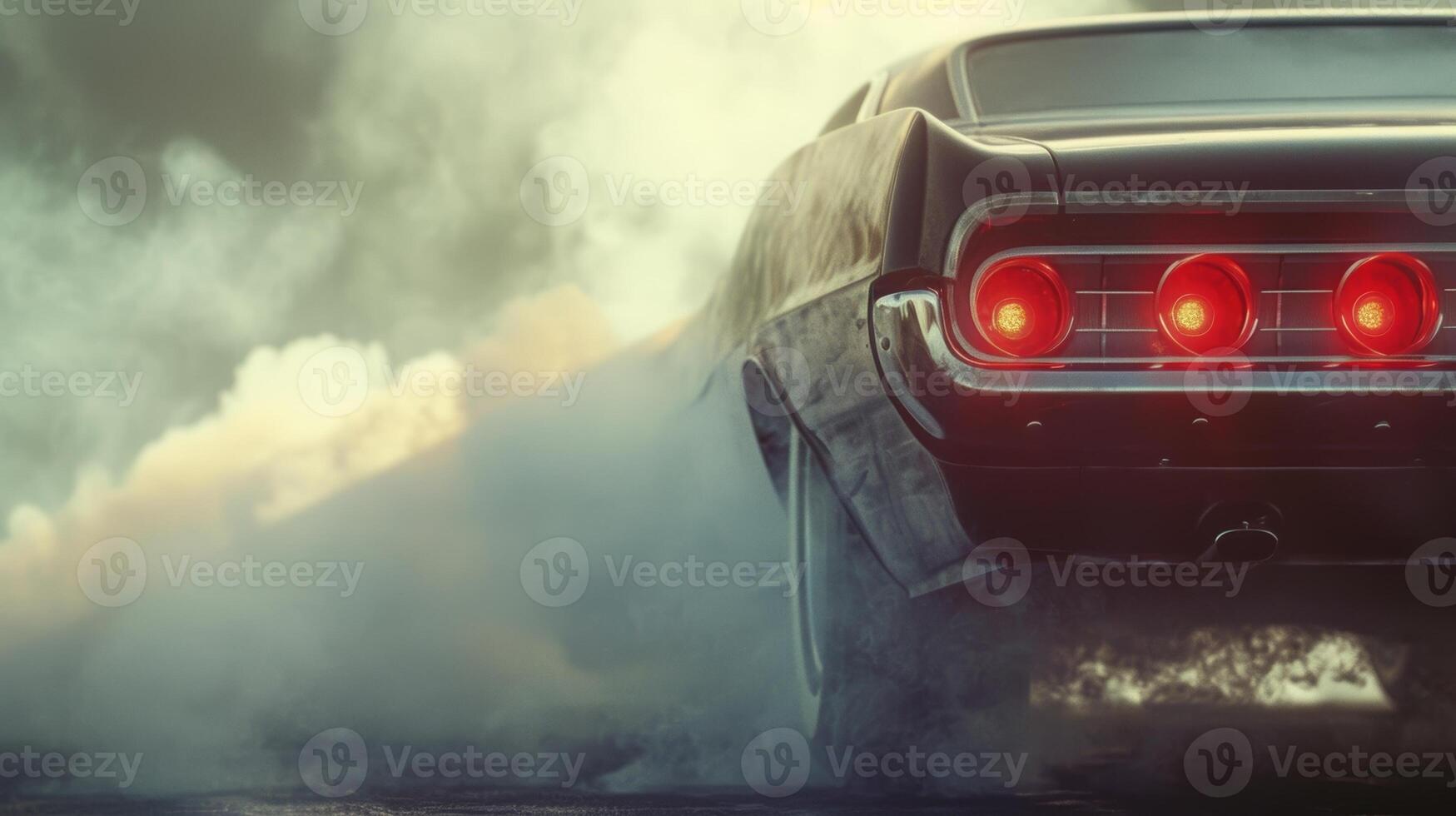 Smoke pouring out from the back of a car as the nitro exhaust ignites and propels the vehicle forward photo