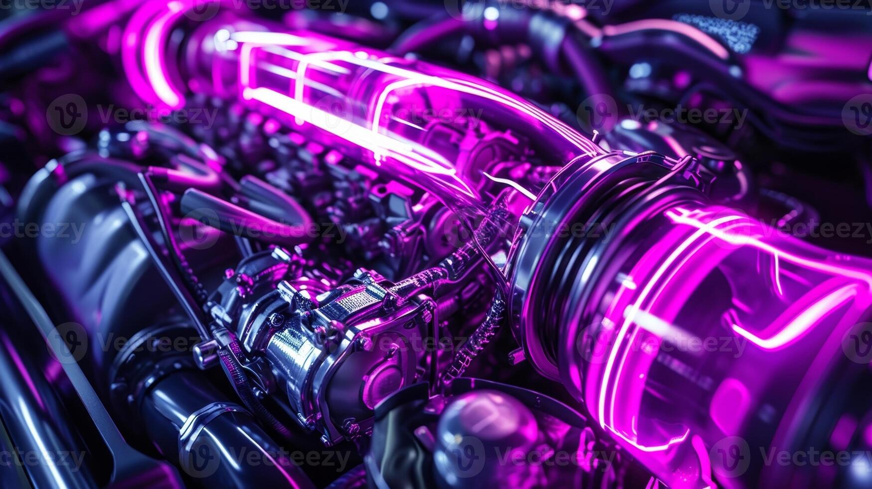 A mesmerizing shot of a glowing purple neon tube snaking its way around the various engine components drawing the viewers eye to the details and texture photo
