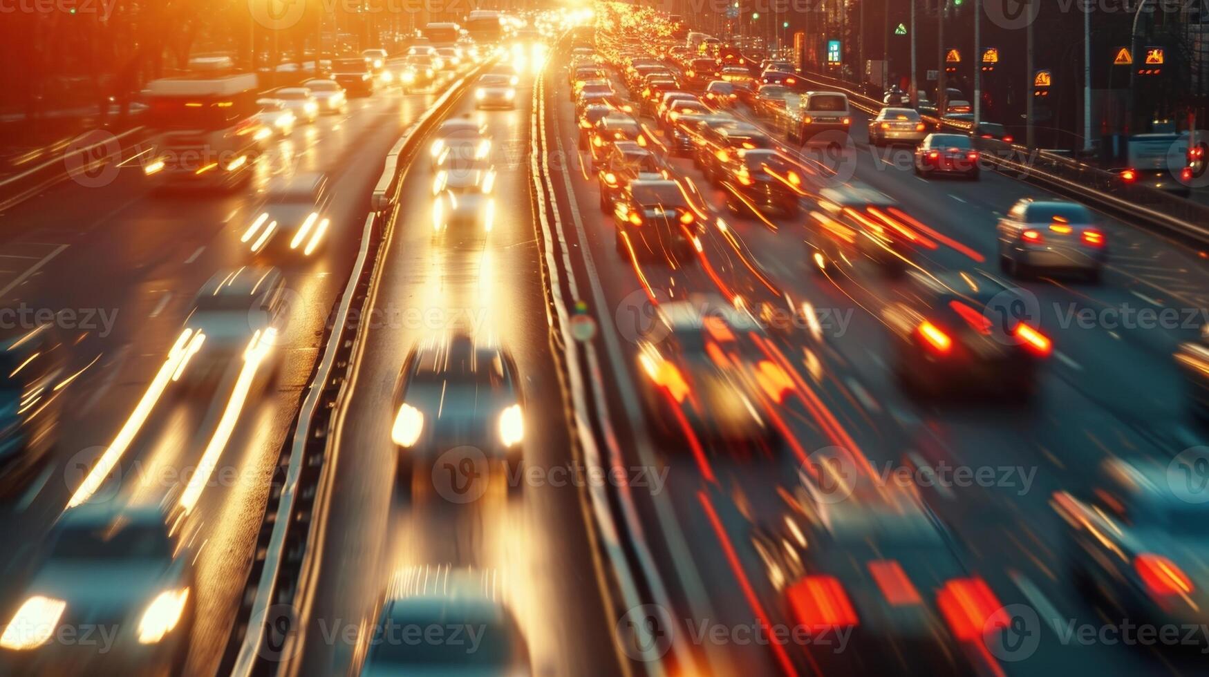 The frenzied blur of headlights and taillights as cars weave between traffic on a bustling city highway photo