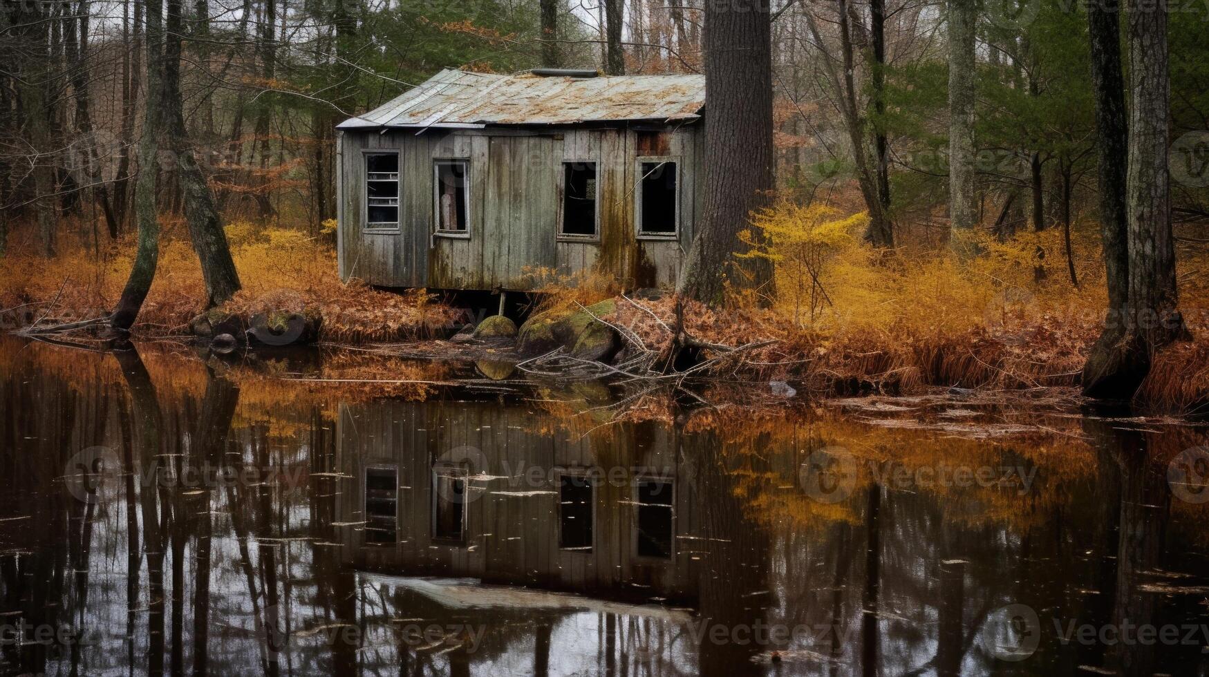 Stillness and Abandonment The stillness of the water reflects the feeling of abandonment and neglect that surrounds the solitary house. photo
