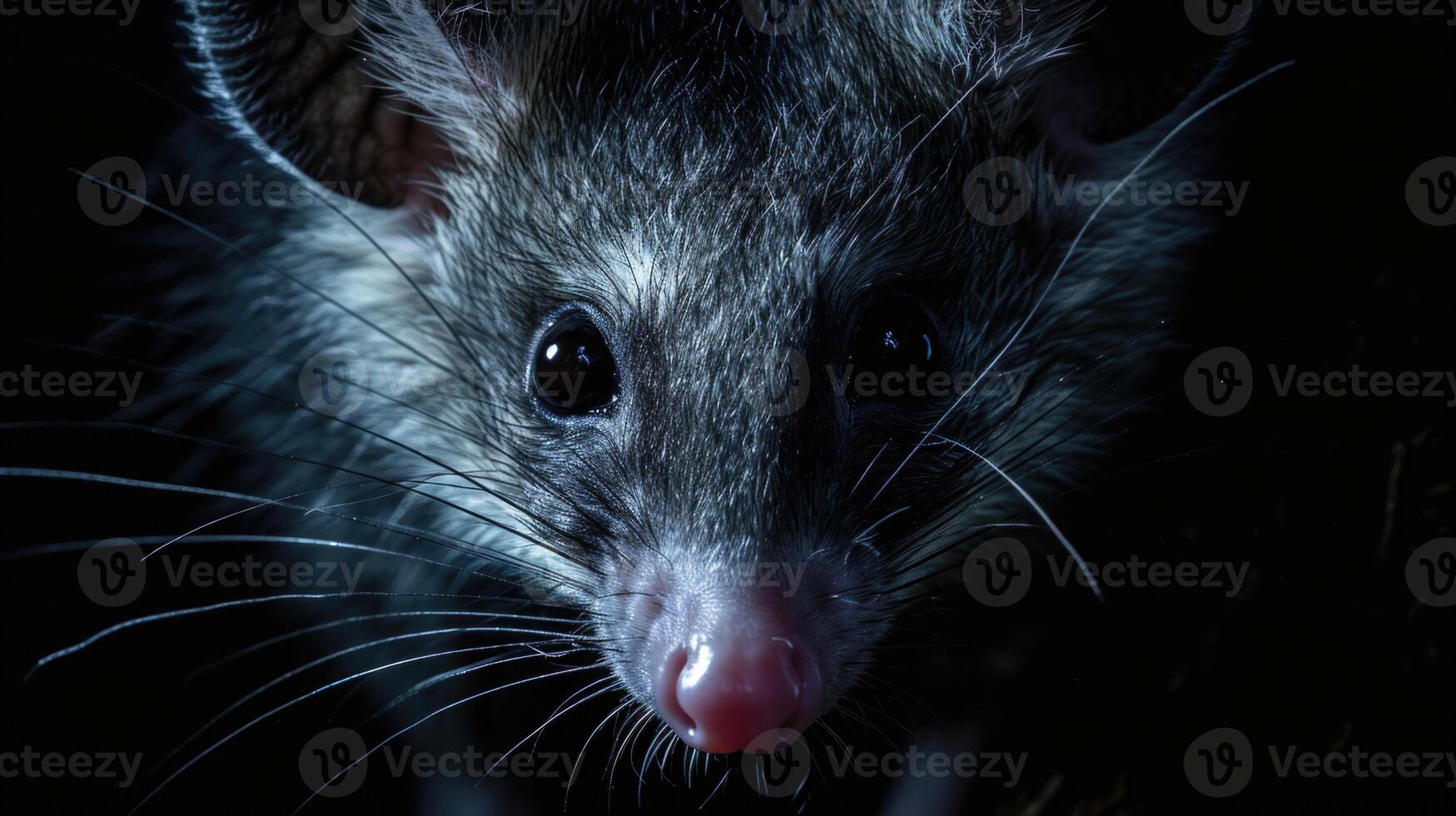 Closeup of a possums fur highlighted by the glow of a porch light the soft grey and white hairs standing out in contrast against the dark backdrop of the night photo