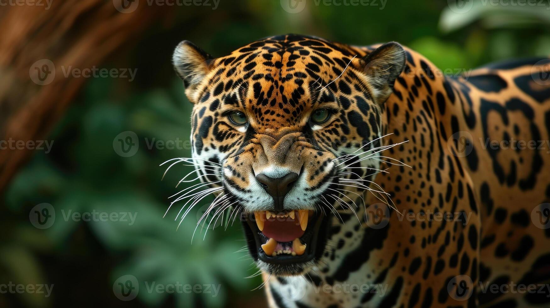 Closeup of a jaguars snarling face displaying resentment towards the encroachment of its habitat by human activities such as deforestation for agriculture photo
