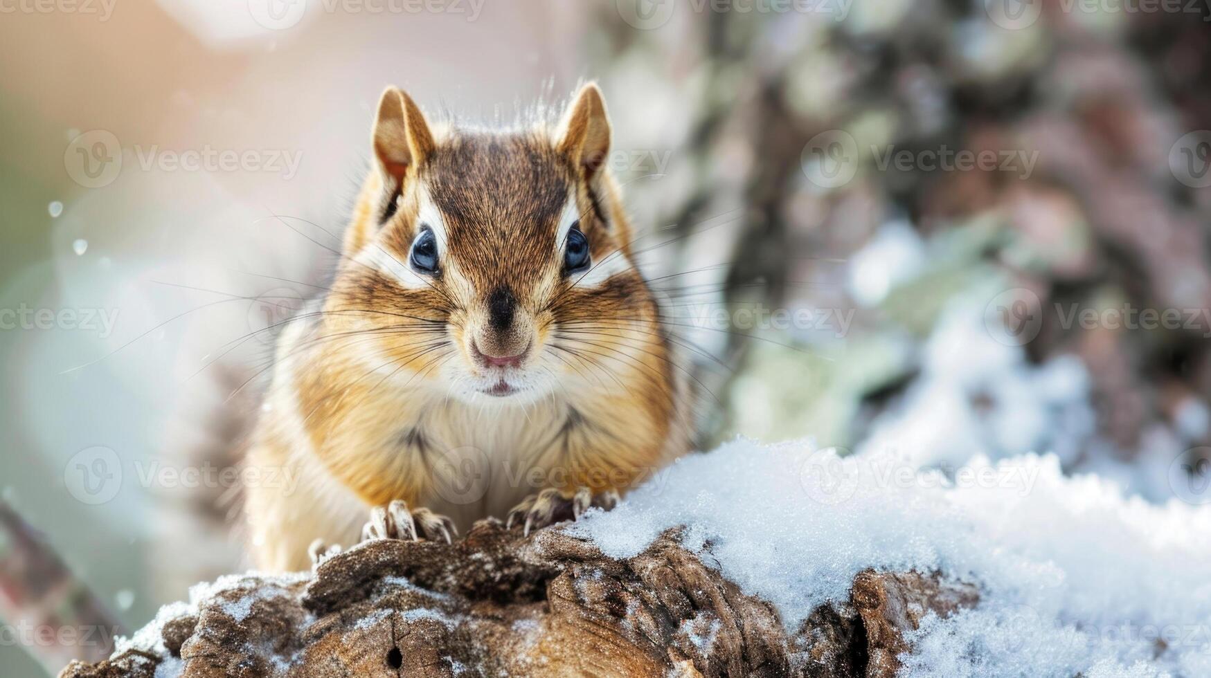 Closeup of a chipmunk its alert eyes peering out from a cozy spot on a snowy log its fluffy tail wrapped protectively around its body photo