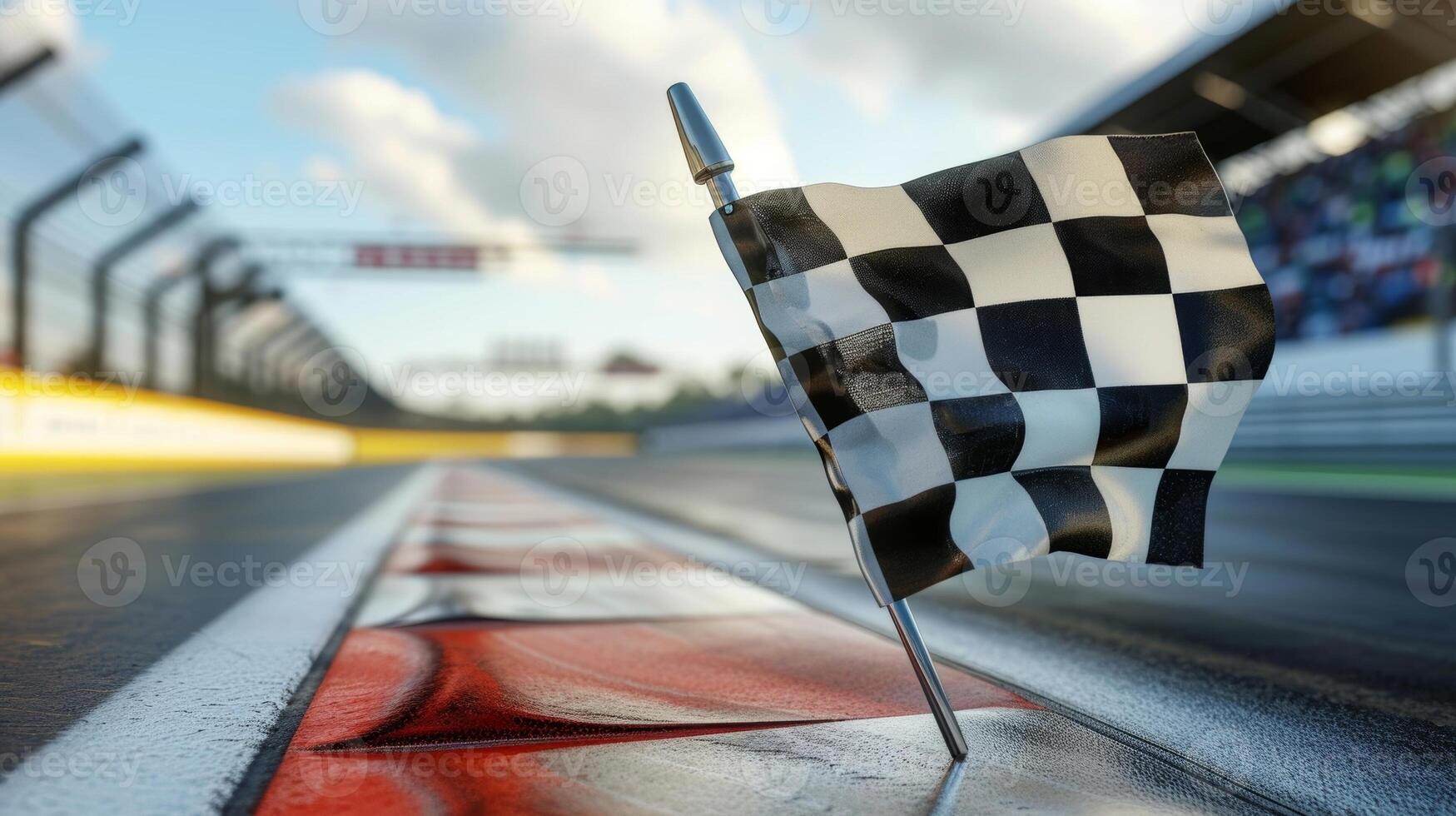 A tight shot of the checkered flag being held up by a race official the backdrop of the racetrack adding to the sense of speed and adrenaline photo