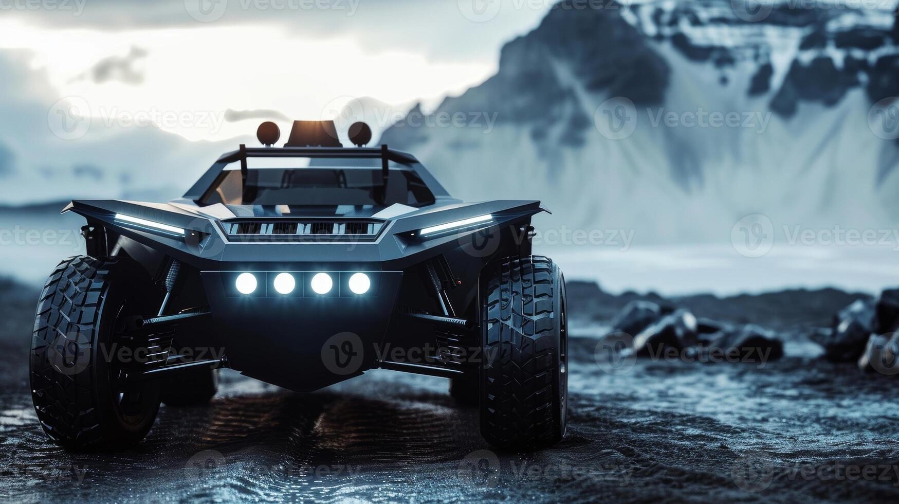 The camera zooms in on the front of an allterrain vehicle revealing its powerful headlights and sy bull bar ready to take on any obstacle in its path photo