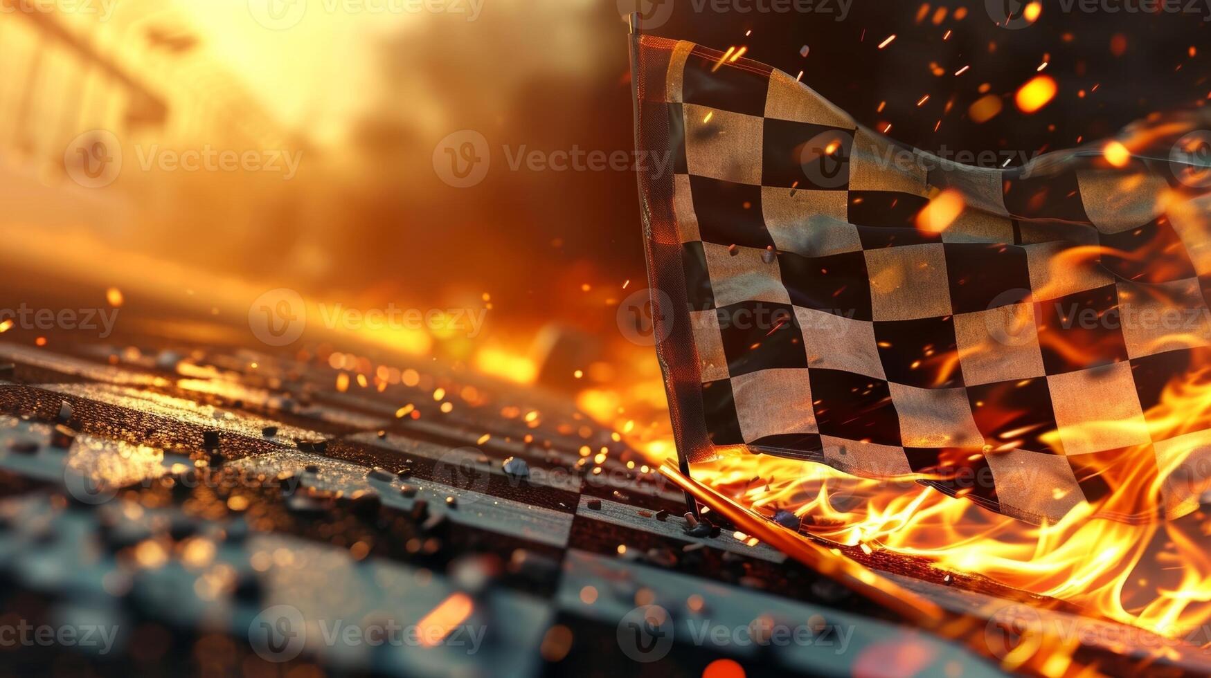 A closeup of the checkered flag being waved by the flagman signaling the final lap and igniting a burst of energy in the drivers photo