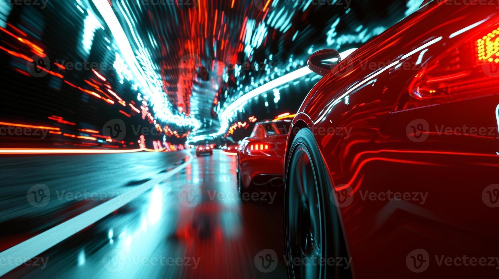A closeup of cars ping through a tunnel the headlights and brake lights creating a mesmerizing glowing maze on the dark walls photo