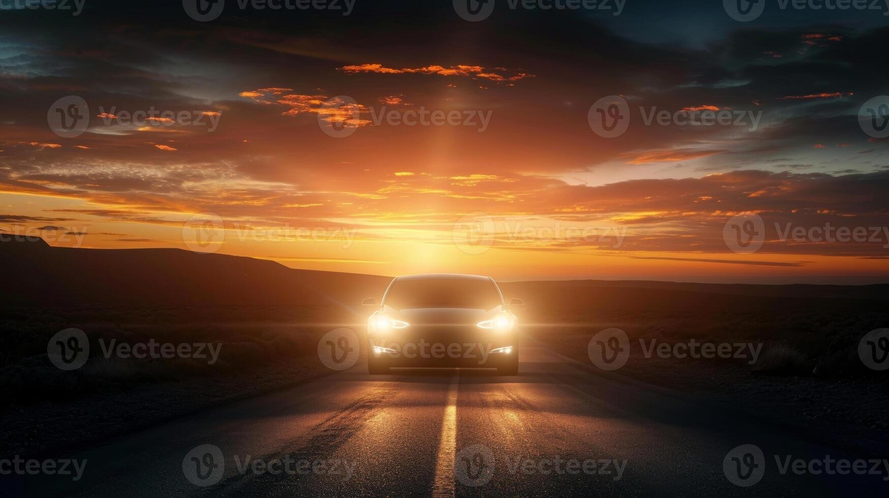 The headlights of a lone car making its way through a deserted road during sunset their beams creating a striking effect against the darkening sky photo