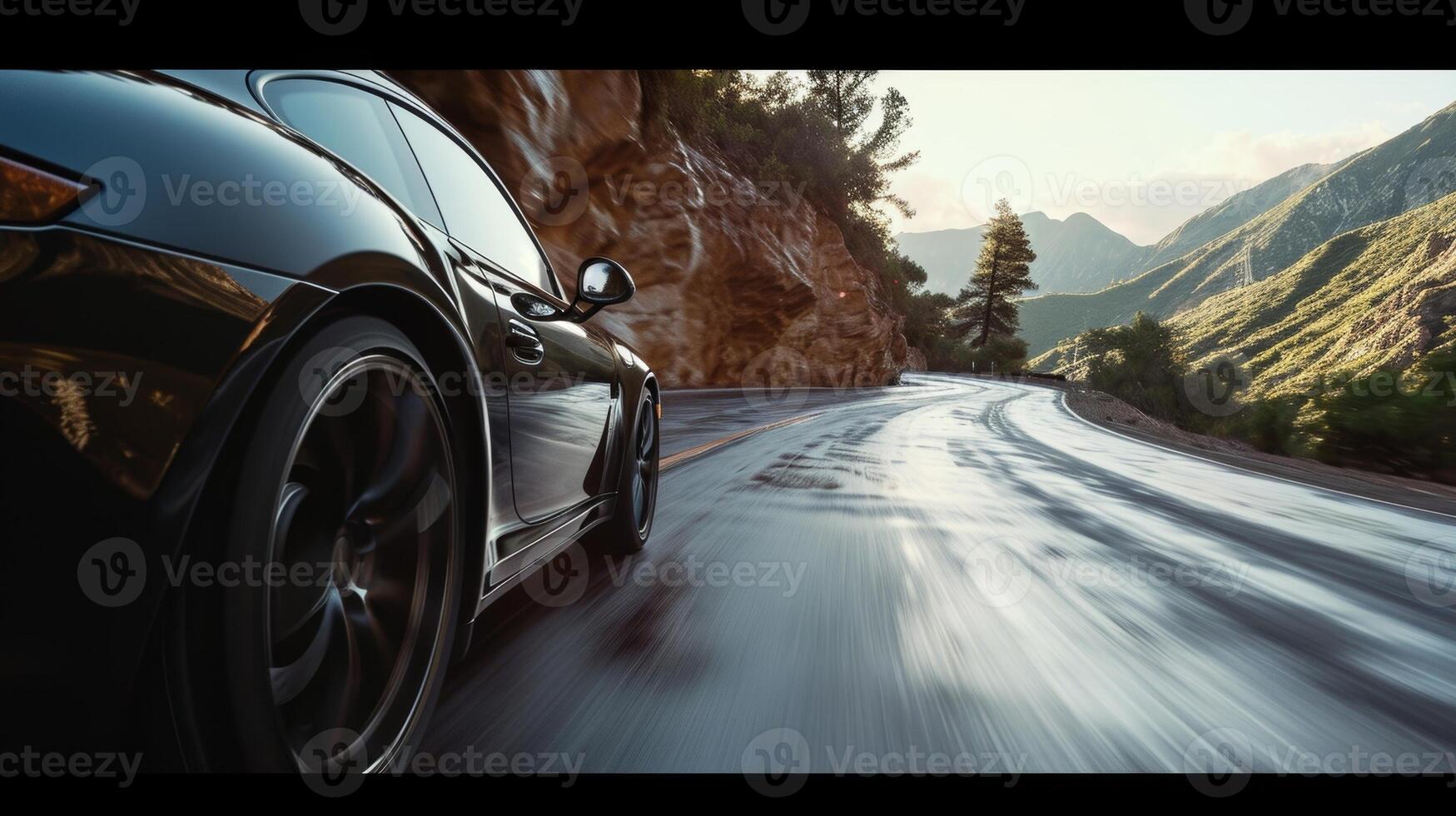 The camera p low to the ground capturing the perspective of a car as it navigates the twists and turns of the mountain road photo