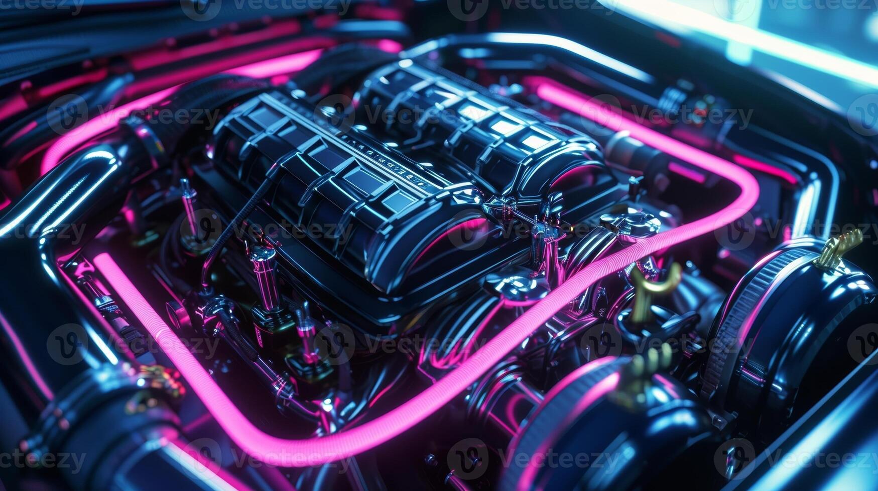 The neon lights reflecting off a sleek black intake manifold revealing its detailed design and adding a touch of urban art to the engine bay photo