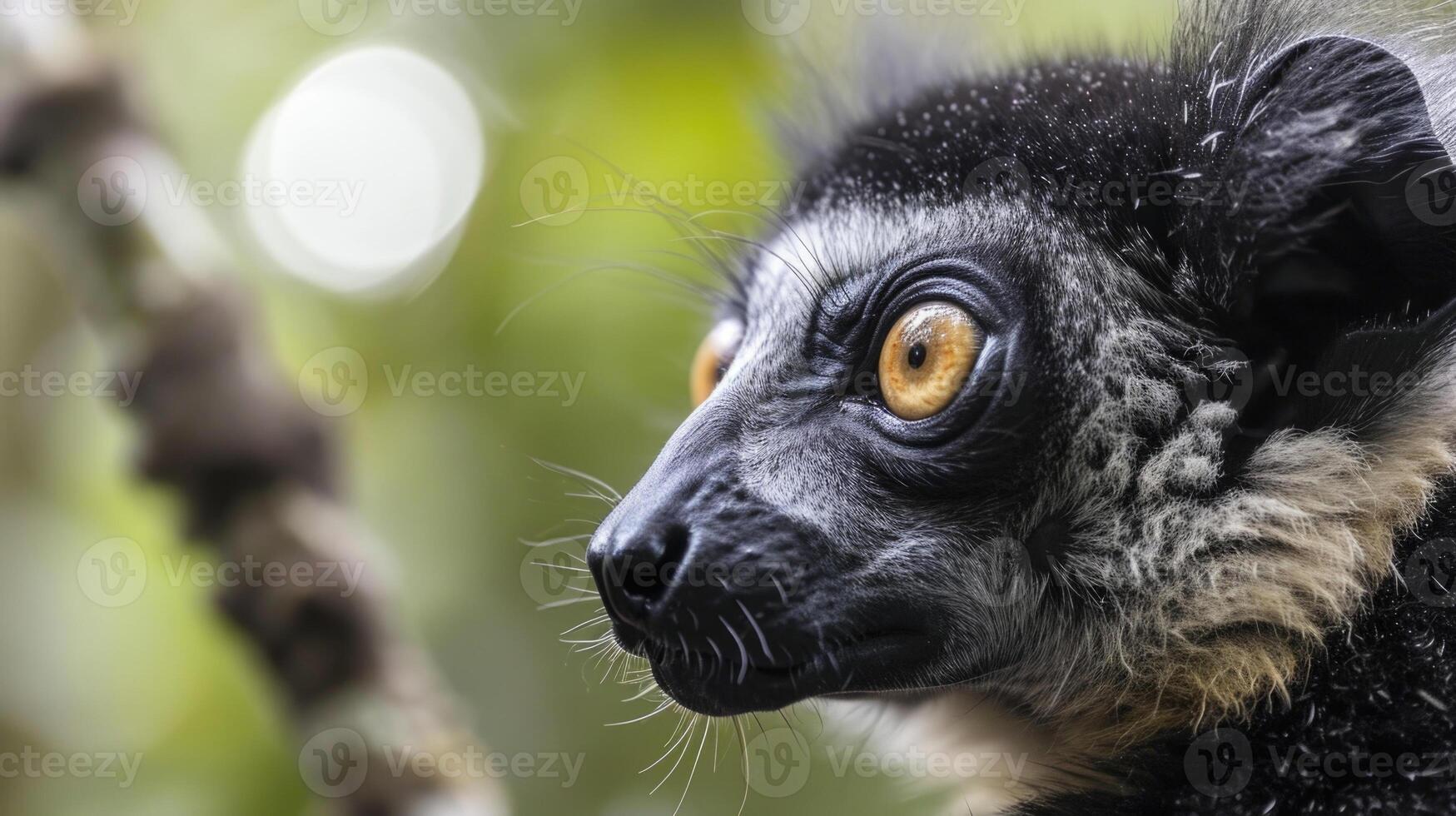 Closeup of a lemurs face its eyes fixed intently on its next branch as it prepares to spring into another impressive leap photo