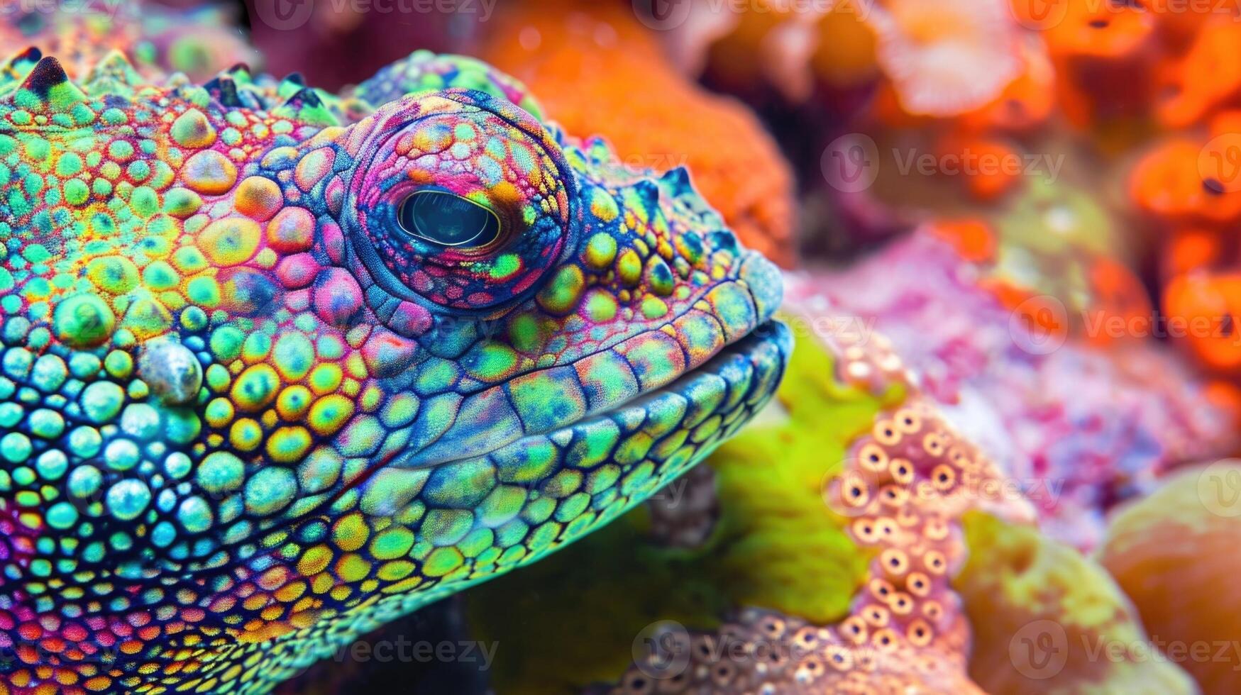 Closeup of a sea ss scaly perfectly camouflaged skin blending in with the vibrant hues of the coral reef floor photo