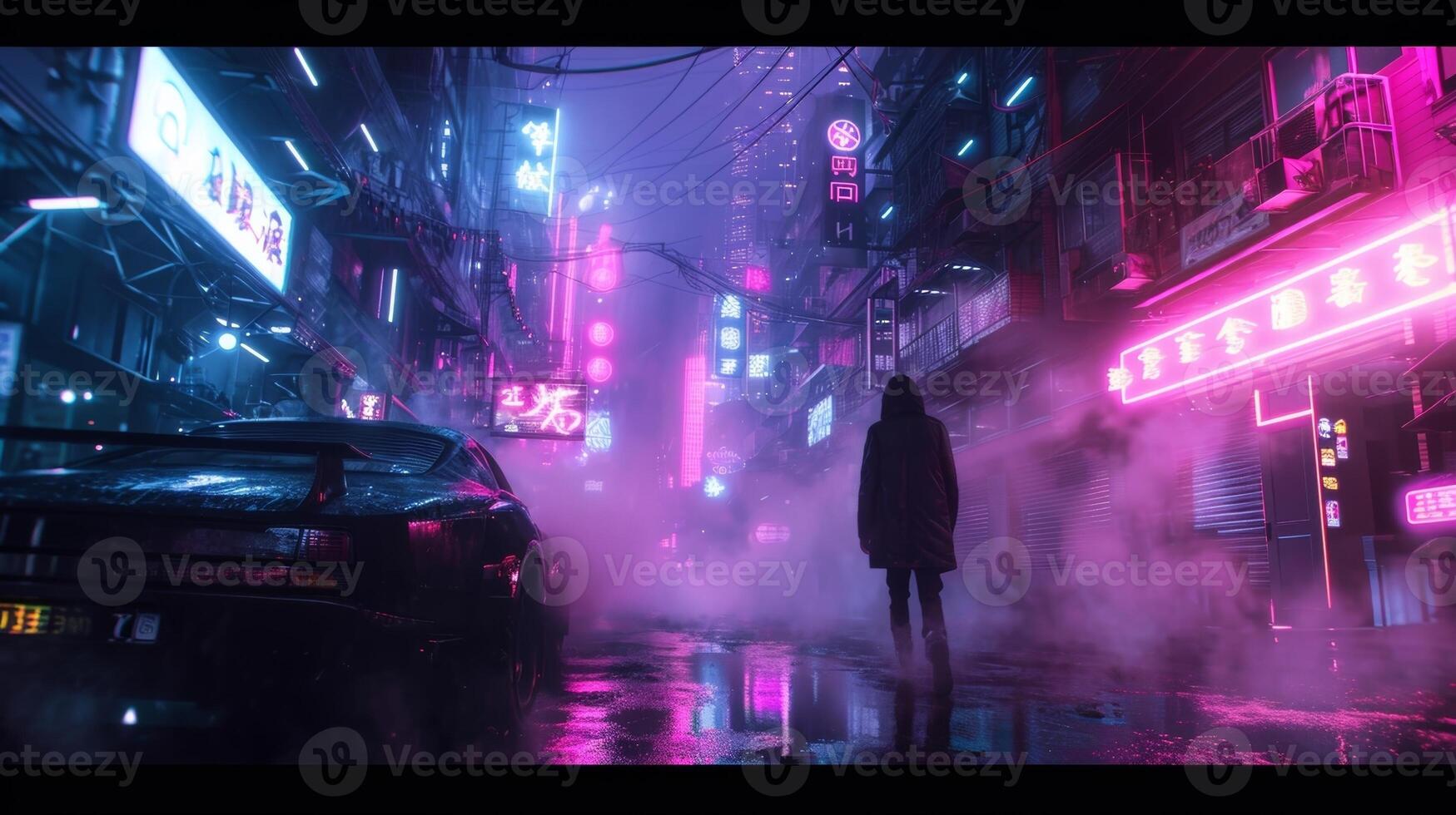 A person walking down a neonlit street at night the glow and smoke giving the scene a futuristic cyberpunk vibe photo