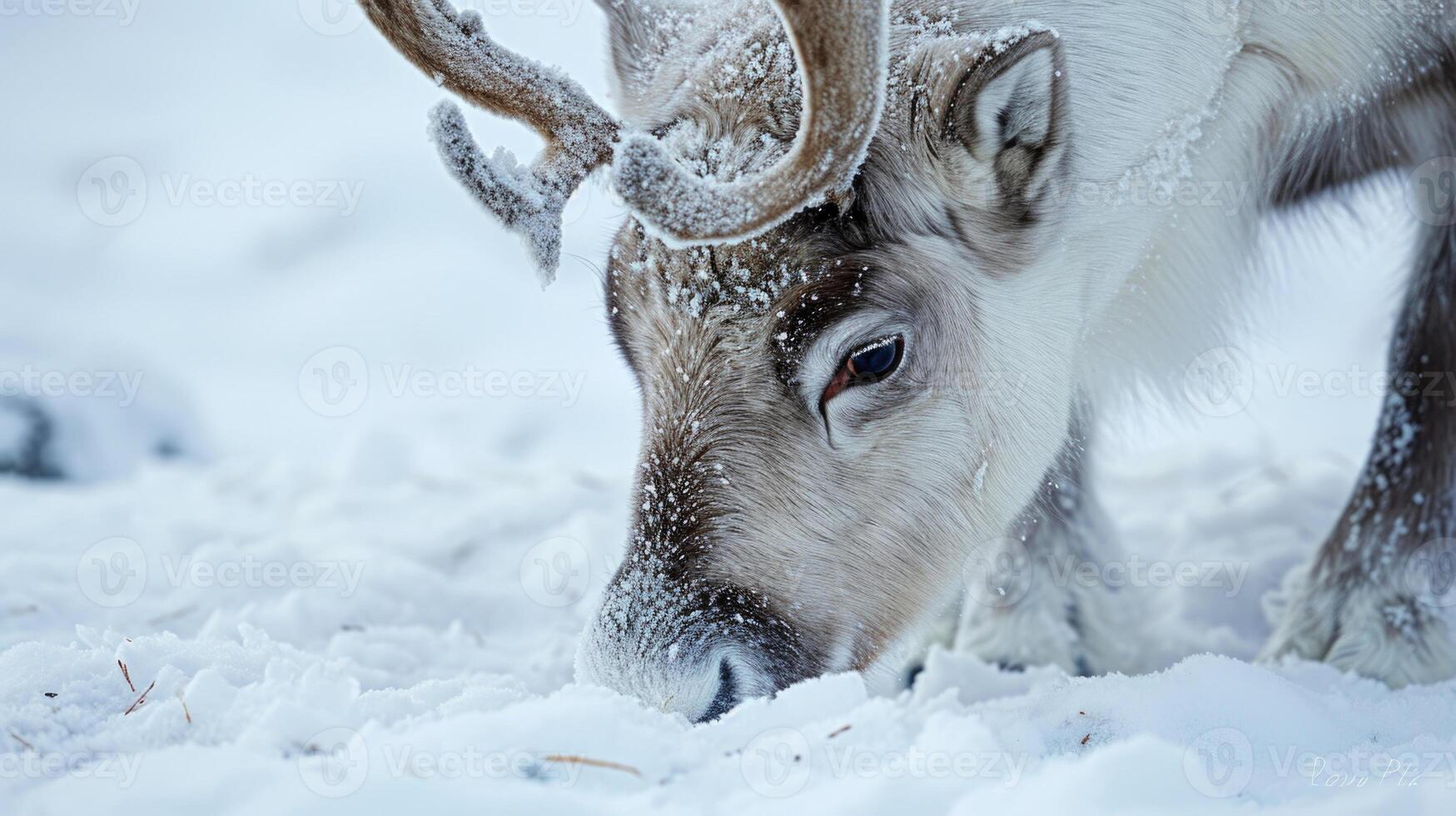 Closeup of a Svalbard reindeers thick fur insulated with snow as it nibbles on frozen gr blades photo