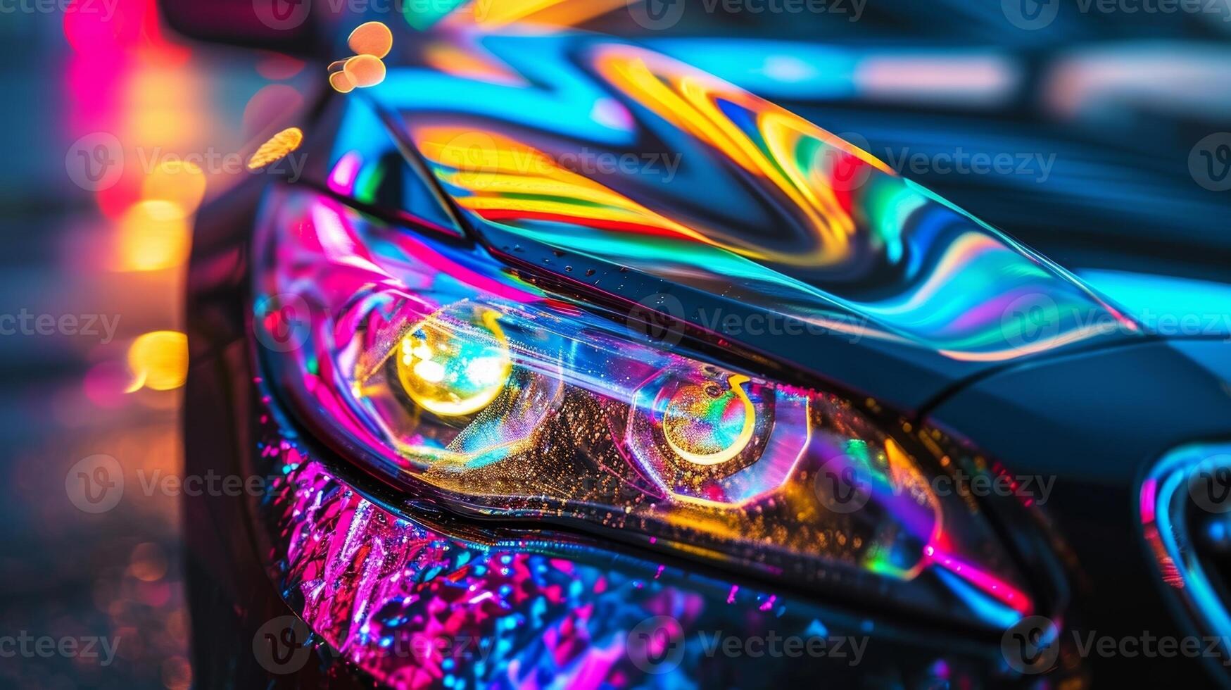Eyecatching closeup shot of a cars headlights with a prism effect showcasing a brilliant spectrum of colors that is sure to turn heads on the road photo
