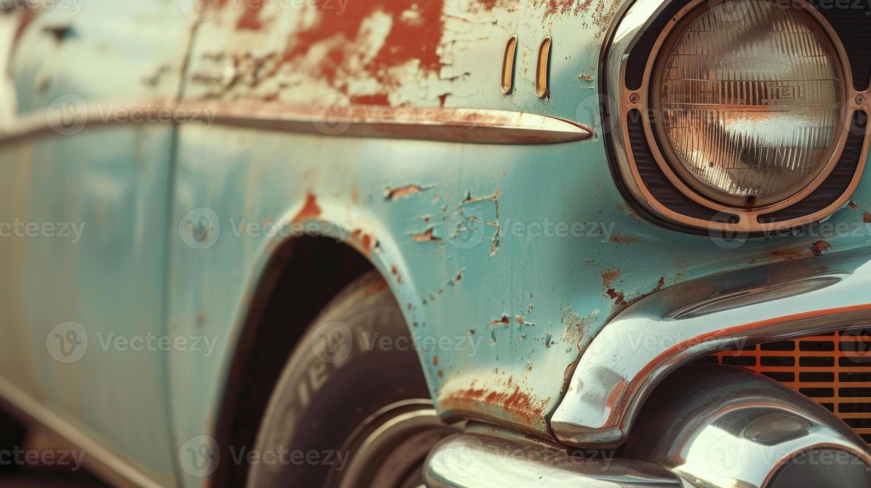 A closeup of the vintage cars front fender with its glossy paint glinting in the soft light and a slight hint of rust adding to its weathered charm. The dreamlike haze i photo