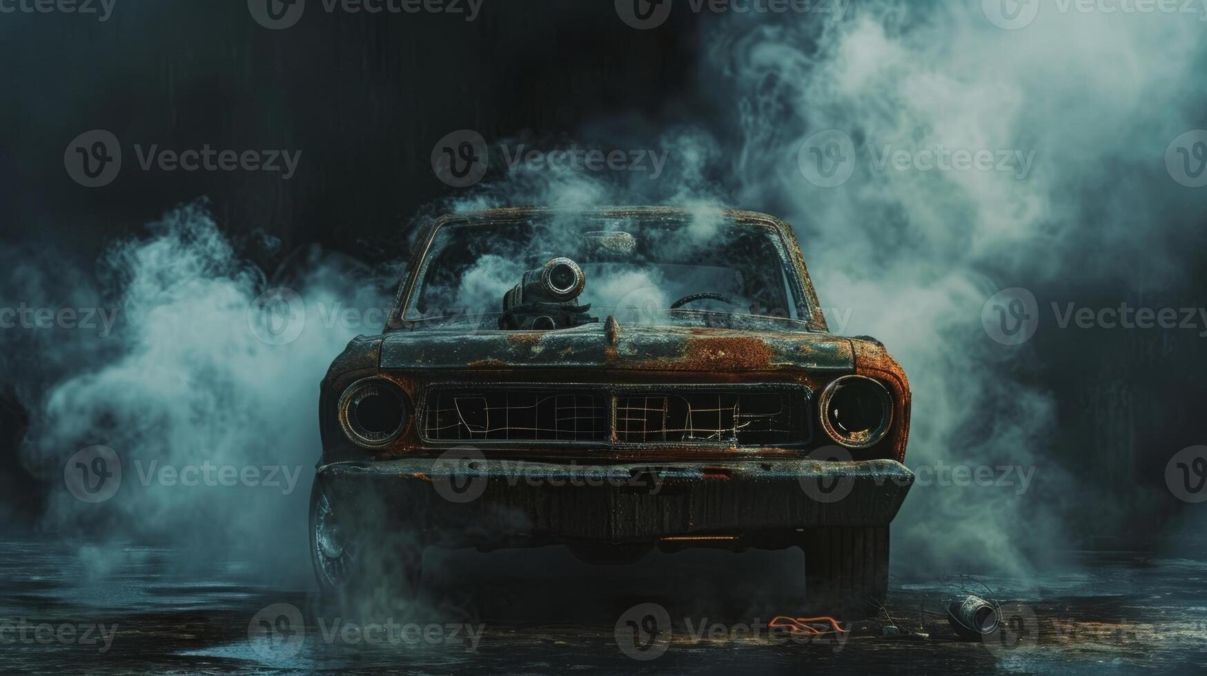 Smoke billows out from under the hood of a rusted old car its dinged and dented exterior betraying the beastly engine hidden within photo