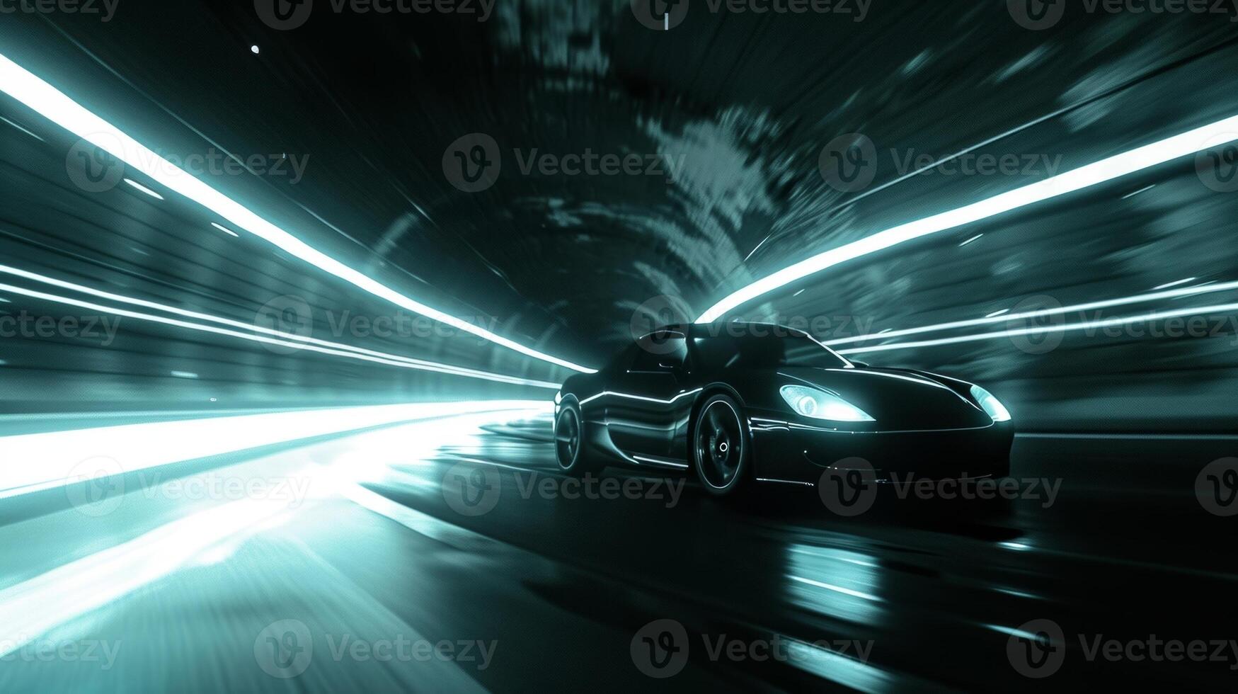 A side view of a car moving through a tunnel its headlights leaving a trail of light that stretches out behind it. The stark contrast between the bright beams and the dar photo