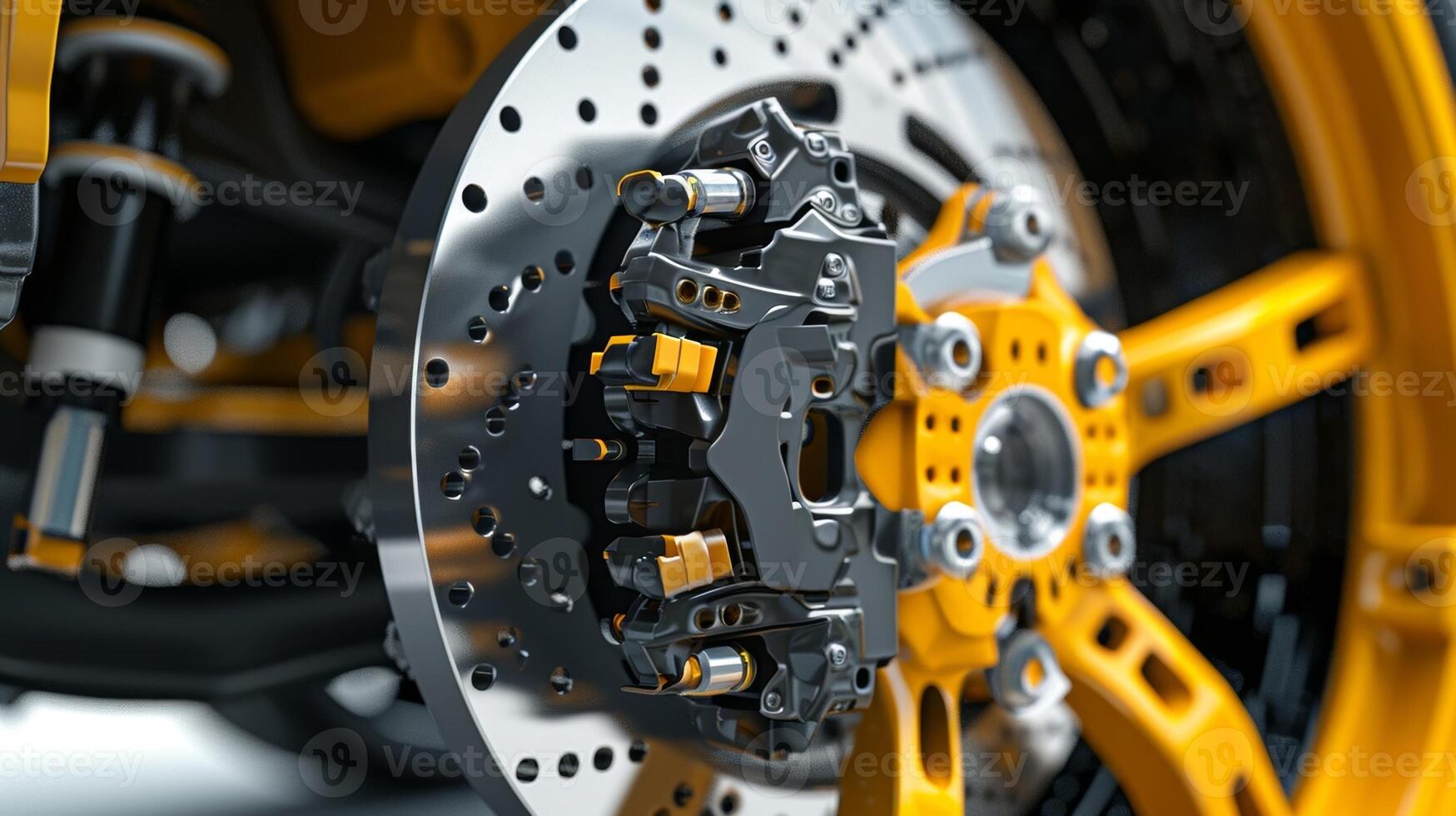 A closeup of the brake calipers mounting hardware reveals its sy and secure attachment to the vehicles rotor photo