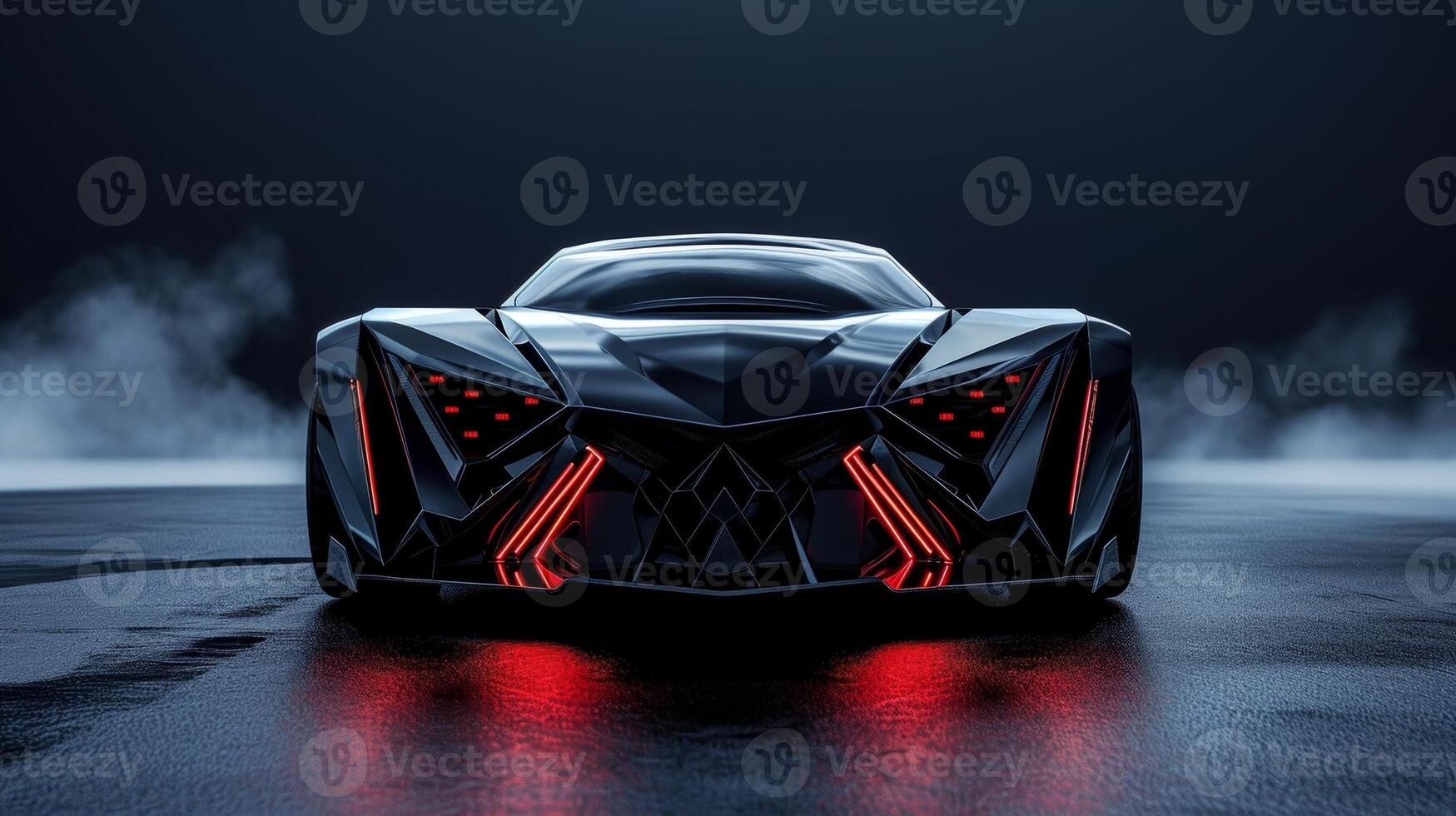 A dramatic shot of an angular and aggressive front grille illuminated with bold red lights that add a fierce edge to the vehicles appearance photo