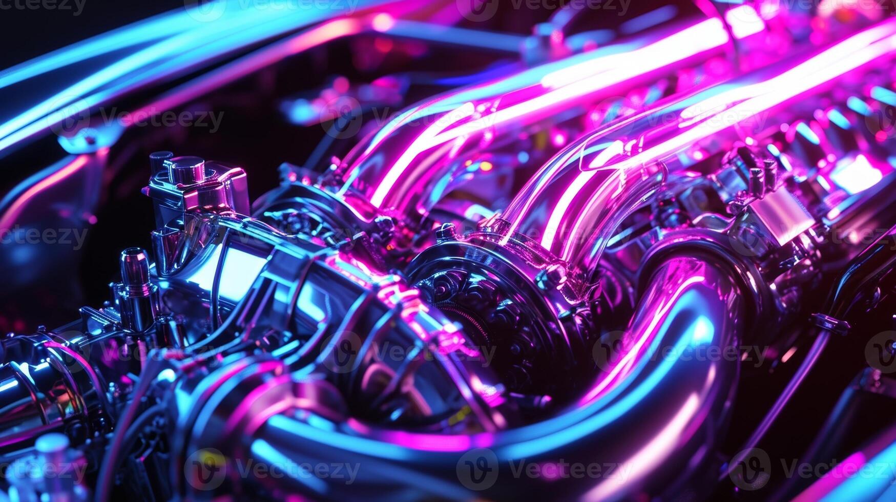 The camera focuses on the intricate details of a custom nitrous oxide system its neon tubing snaking and glowing as it pumps power into the engine photo