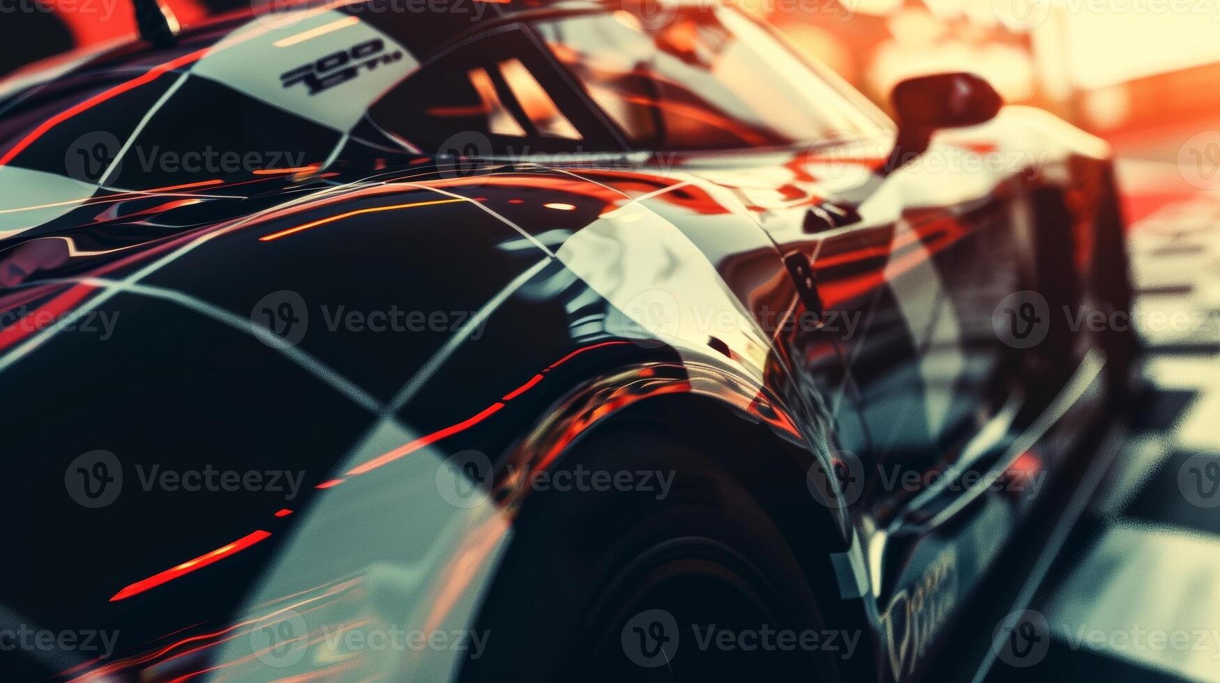 A slowmotion shot of the checkered flag gently falling down onto the hood of a race car signifying the end of an unforgettable season photo