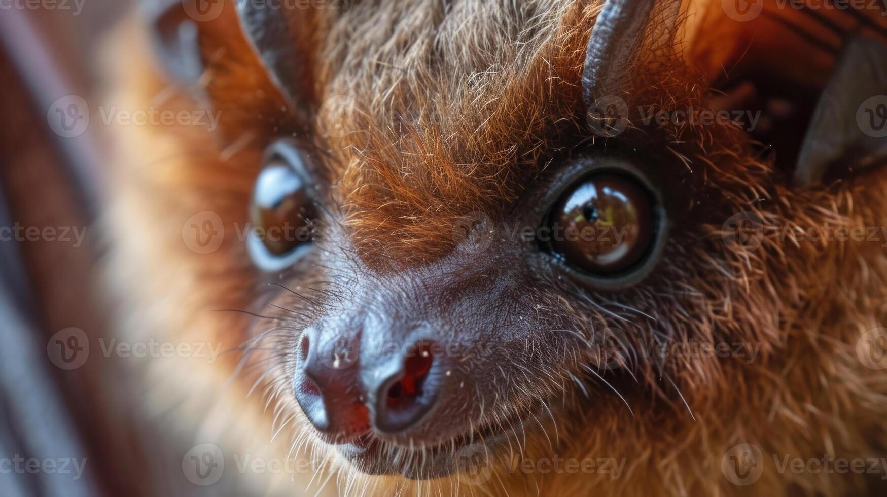 Closeup of a bats face with dull sunken eyes and thinning fur. Whitenose syndrome not only affects the external features of the bat but also weakens its immune system an photo