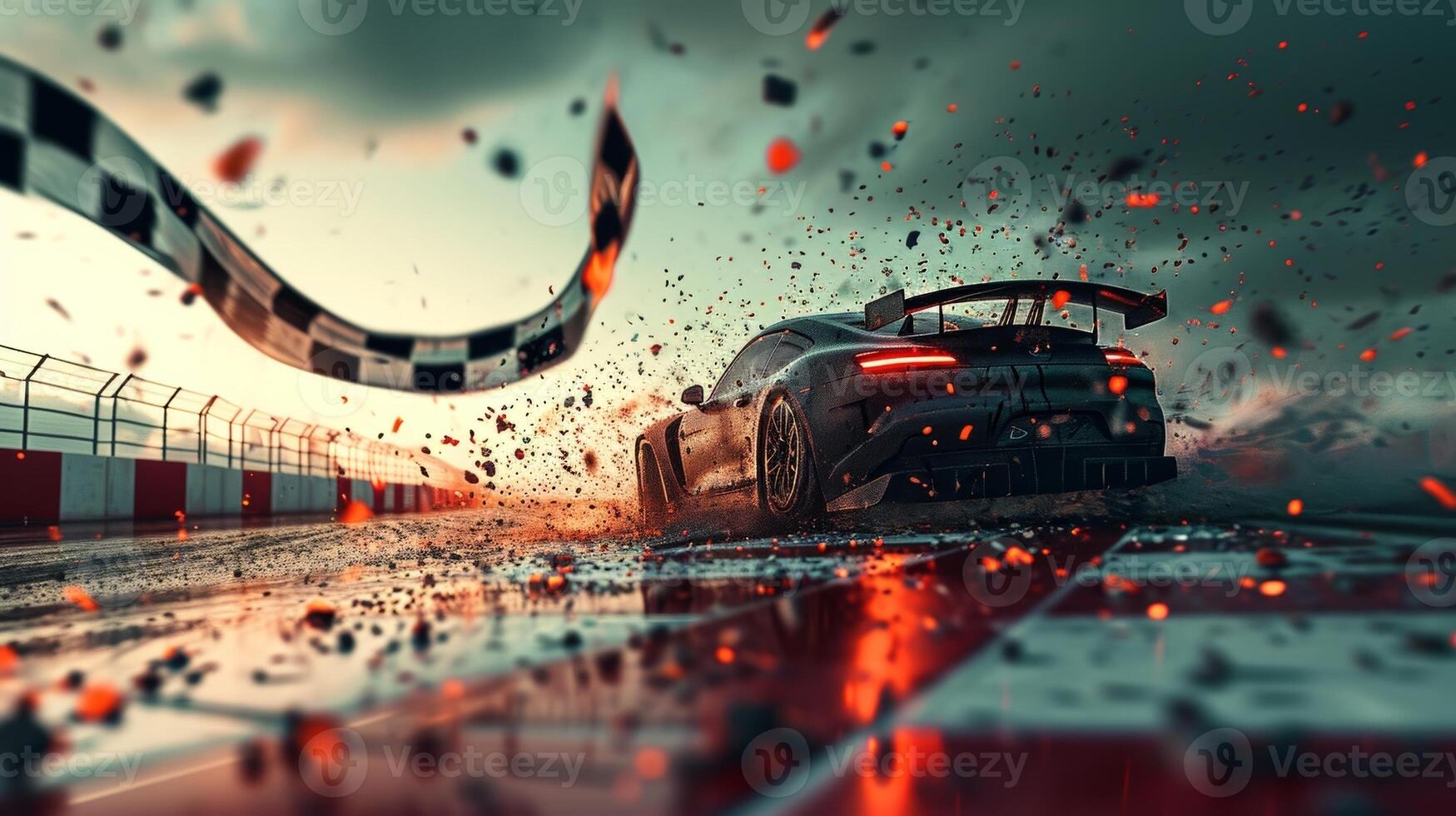 The determined expression of a racer as they break through the checkered flag marking the end of an era and the beginning of a new chapter photo