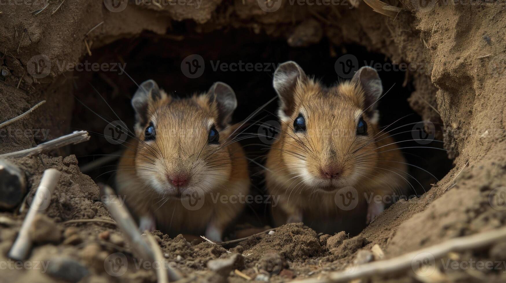 Closeup of a pair of Mongolian Gerbils working together to clear out their burrow one with a mouthful of dirt while the other swiftly shovels it out of the opening photo