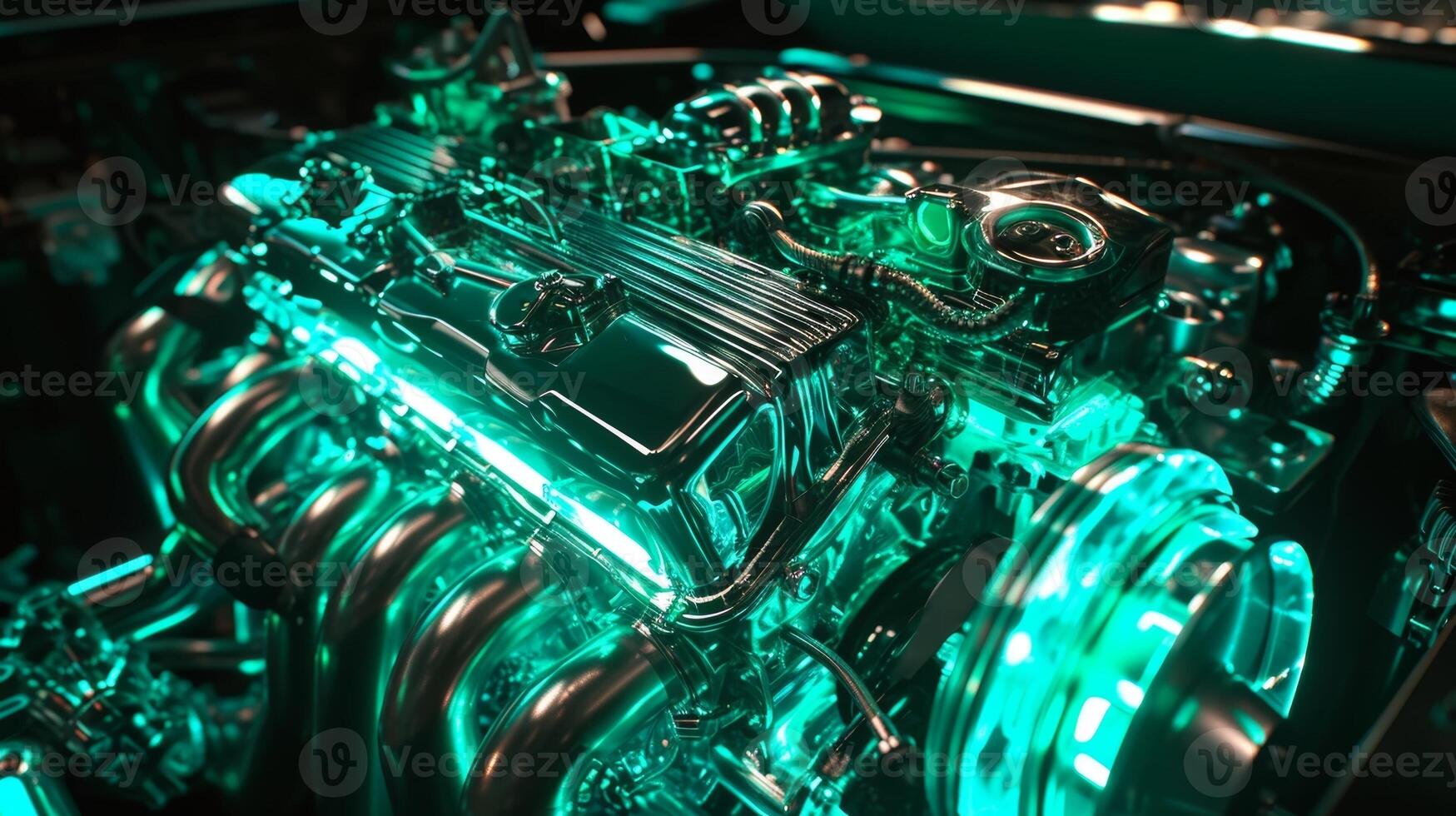 The camera zooms in on a sparkling silver engine block with shades of green radiating from the surrounding neon lights highlighting its mechanical beauty photo