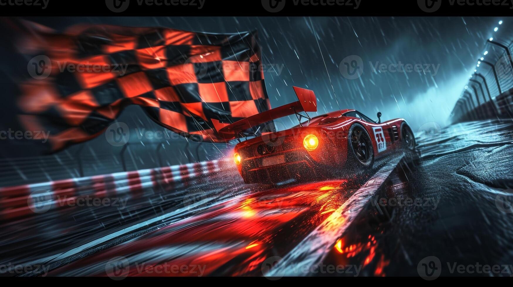 Despite the rain the checkered flag remains bold and radiant standing out against the dark and dreary sky photo