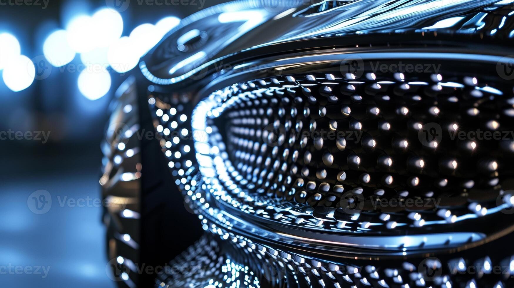 The intricate design of a luxury cars illuminated grille is highlighted in a closeup with intricate patterns and delicate LED lights creating a highend look photo