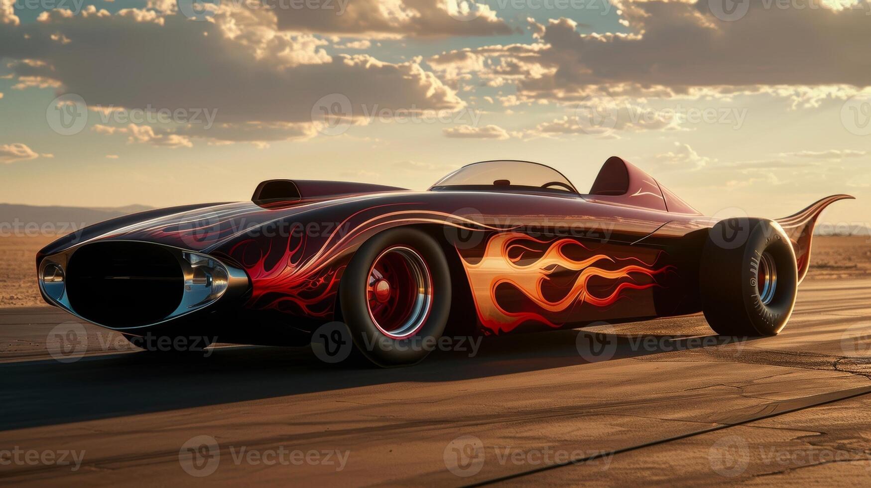 The camera pans over the clic flamepainted design of a nitrofueled dragster emphasizing the sports iconic look photo