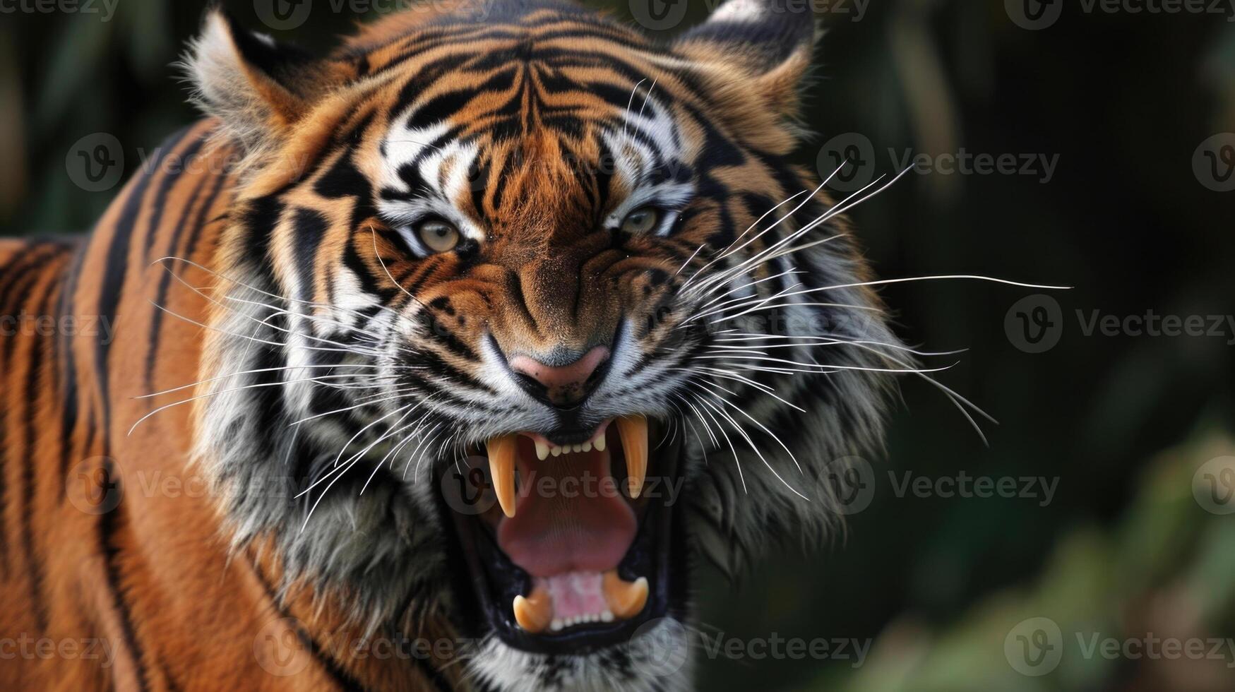 Closeup of a tigers exposed teeth as it snarls scenting the air and preparing to take down its prey in one swift move photo