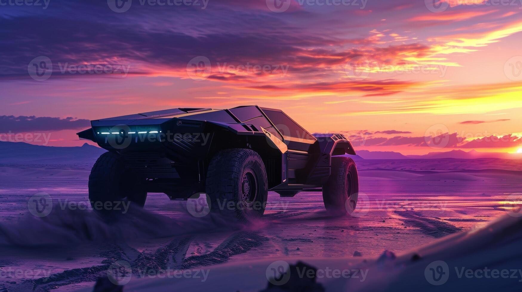The desert is alive with activity as vehicles traverse the sandy terrain their lights blending with the deep purples and pinks of the evening sky photo
