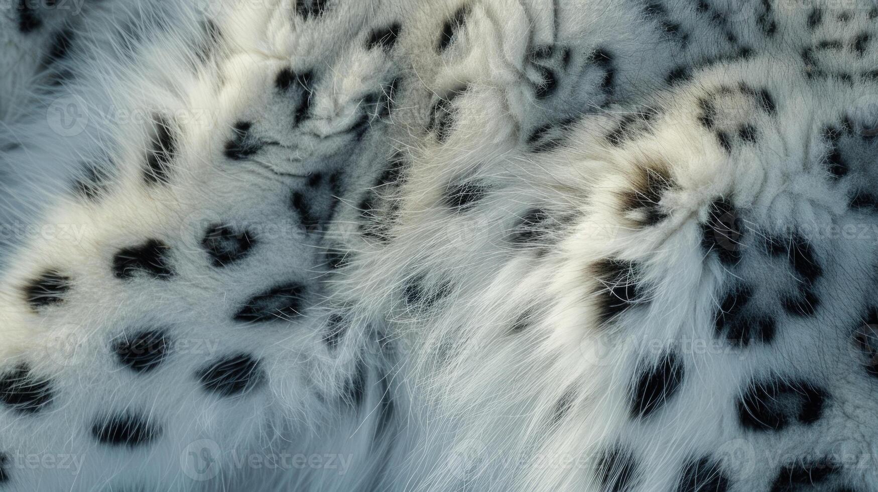 Closeup of the intricate patterns created by the snow leopards black spots against the pale white of its fur mirroring the texture of the rocky terrain photo