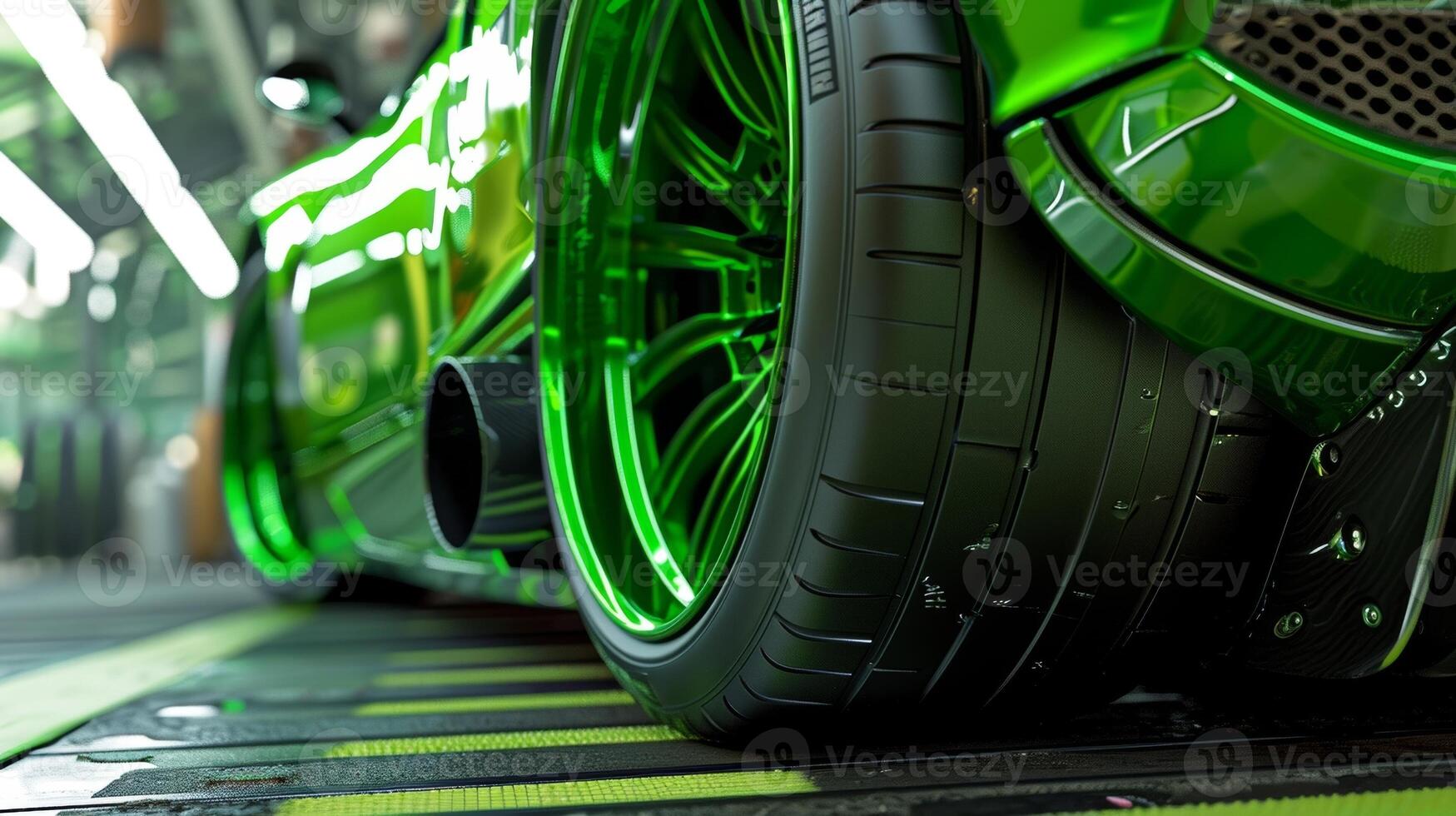 Closeup of the underside of a green sports car where a large diffuser can be seen directing air out and away from the car to create a vacuum effect and increase overall downforce photo