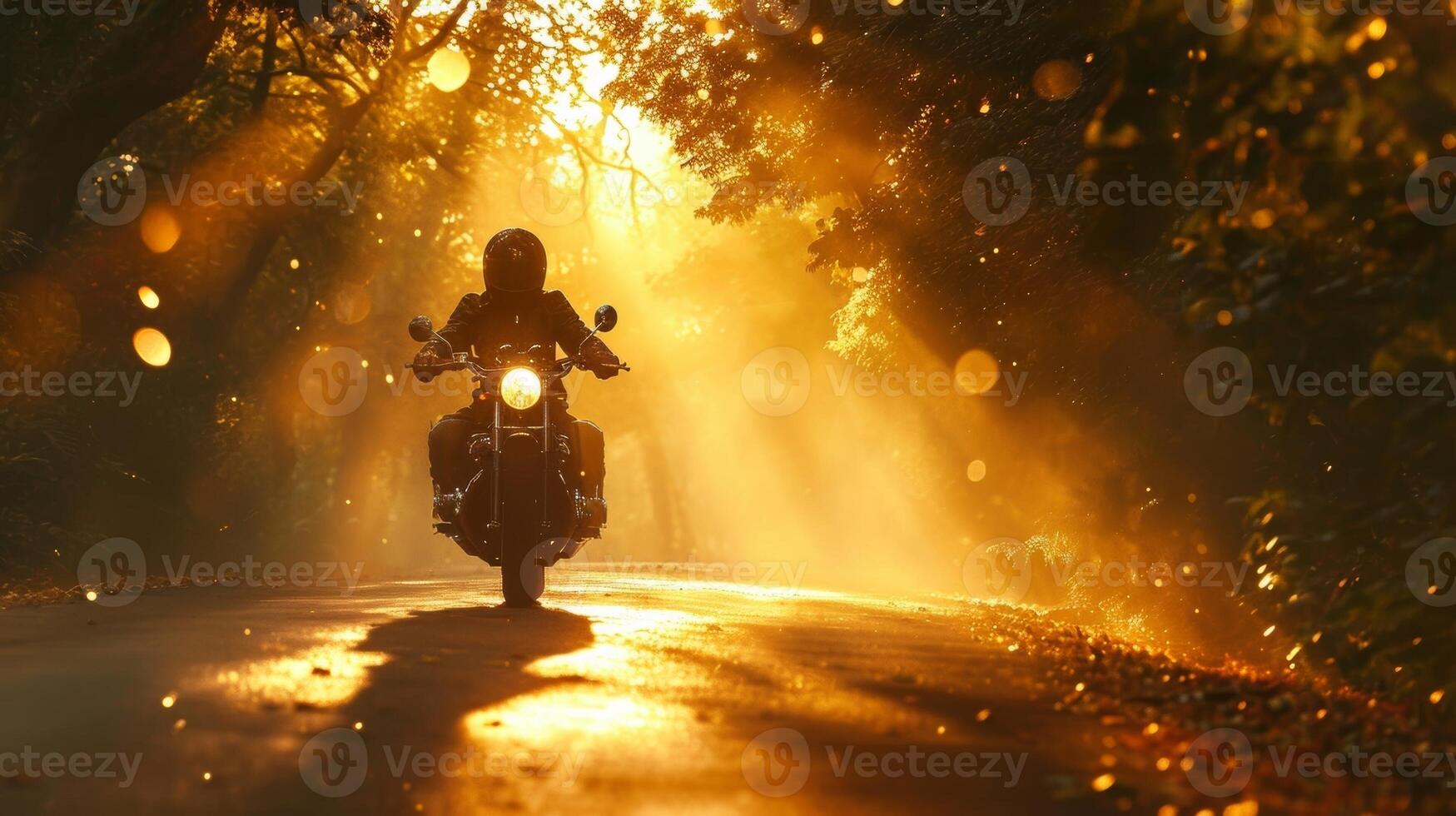 A low angle shot of a single motorcycle cruising down a quiet country lane the golden sunlight filtering through the trees above photo