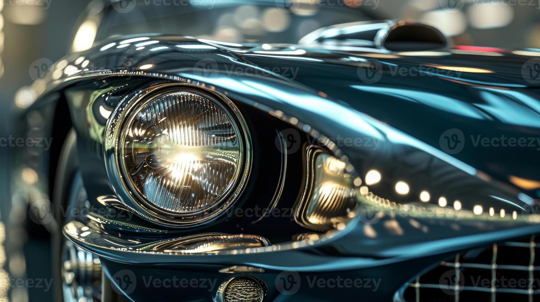 A pair of round headlights framed by a polished metal bezel exude a sense of timeless luxury and serve as a reflection of the cars era photo