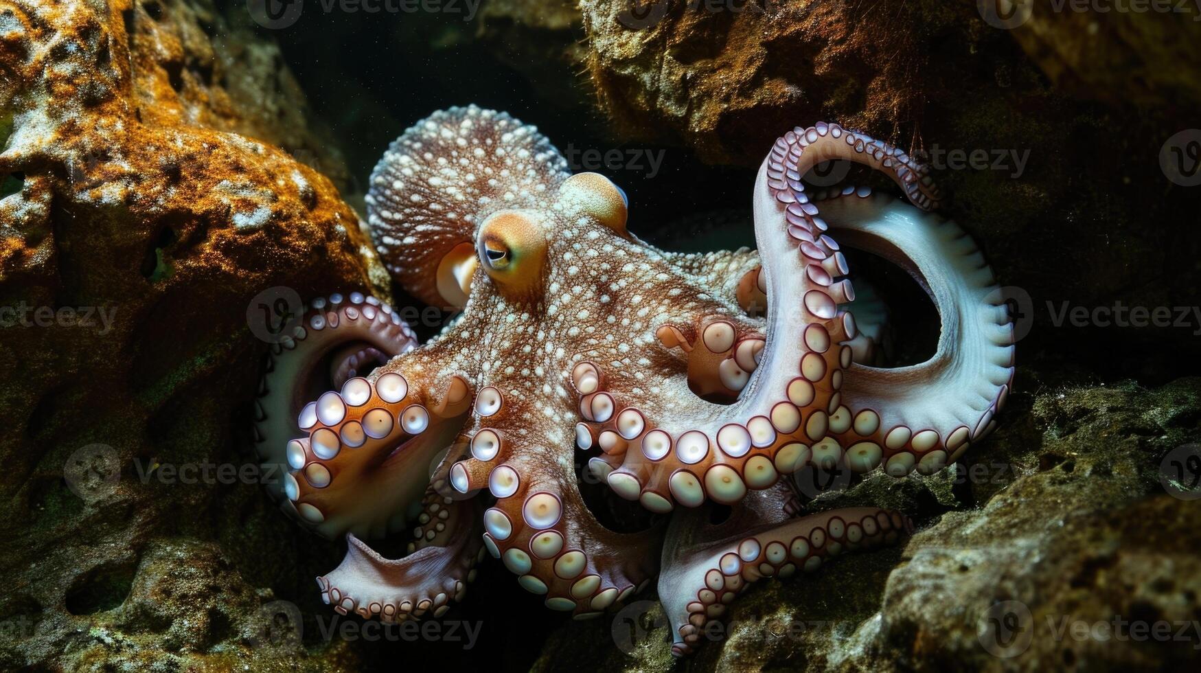 Closeup of the octo tentacles gently probing a crevice in a rock searching for food photo