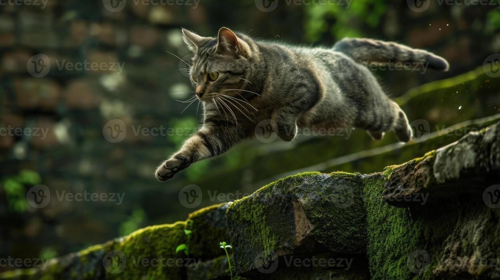 Closeup of a feral cat leaping gracefully over a mosscovered wall its nimble body reflecting the silver glow of the moon as it navigates its way through the ruins photo