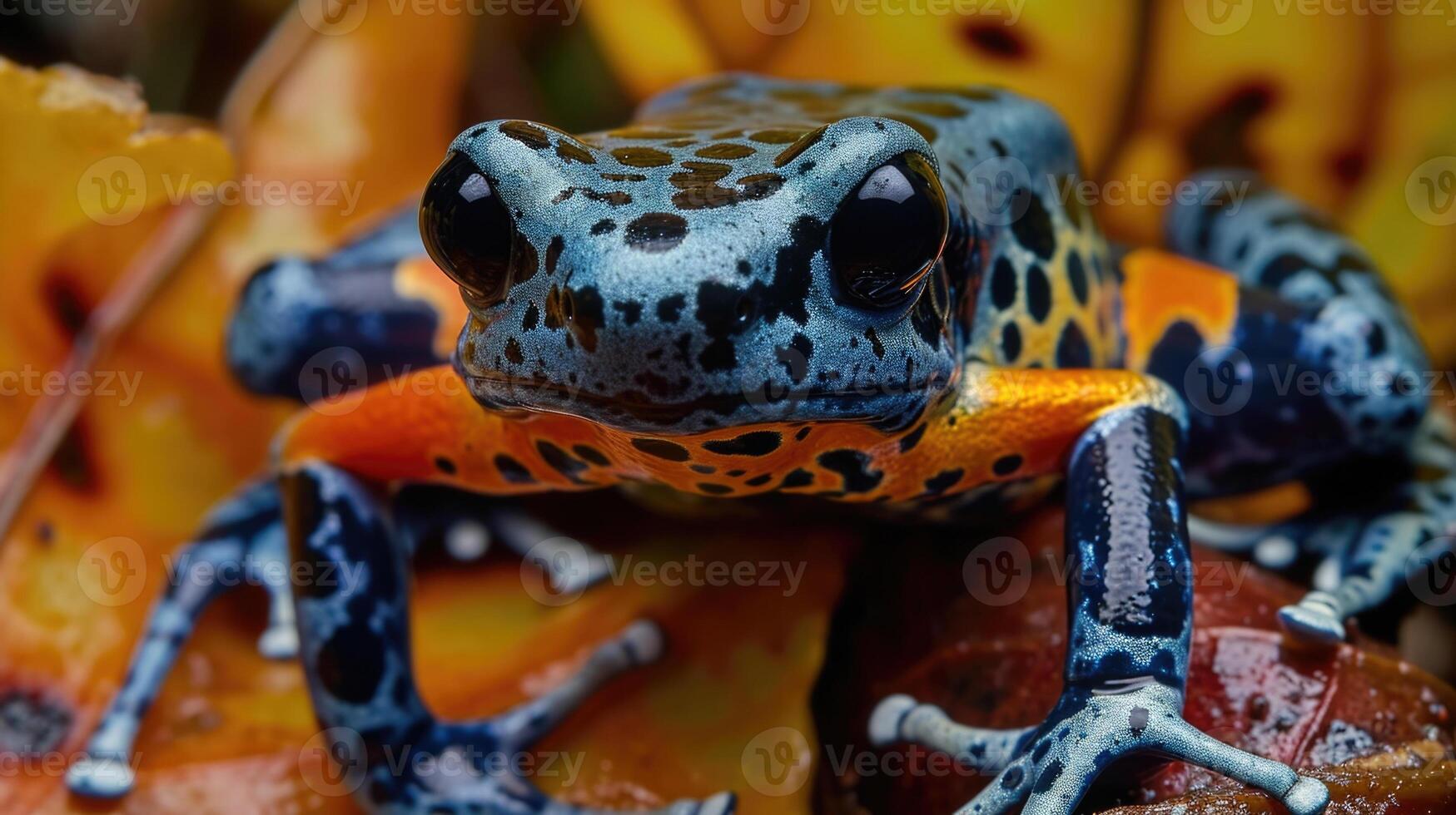 Closeup of a tiny colorful poison dart frog with its skin peeling off. The fungus has attacked its delicate skin causing lesions and leaving the frog vulnerable to other diseases photo