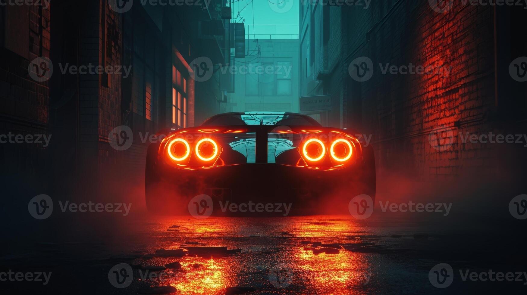 In a dark alleyway the headlights of a street racing car glow like two fiery orbs symbolizing the intense competitiveness and thrill of the race about to begin photo