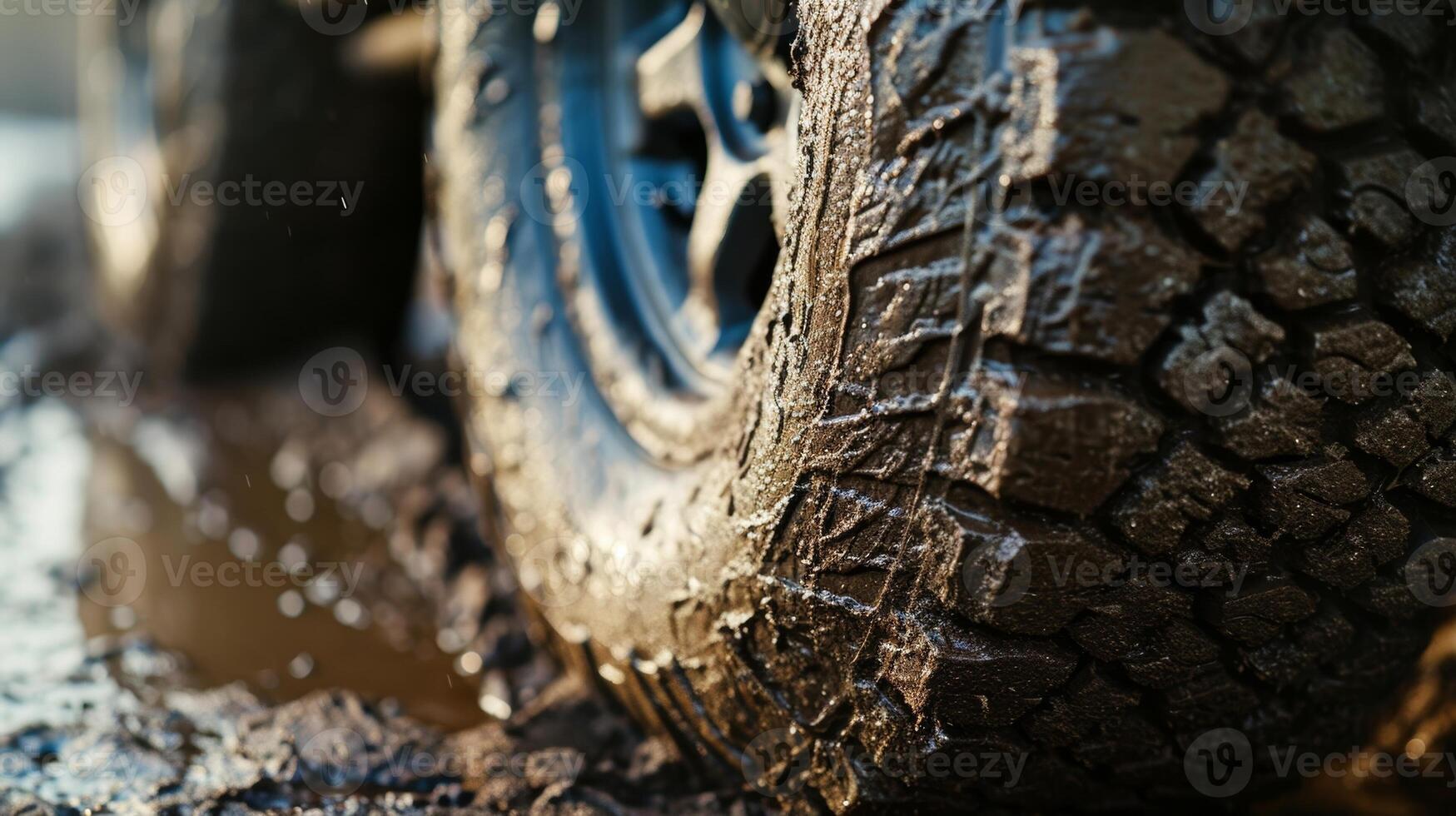 Detail shot of a mudcovered offroad tire showcasing the durability of the tread and the thick aggressive lugs designed for tackling tough terrain photo