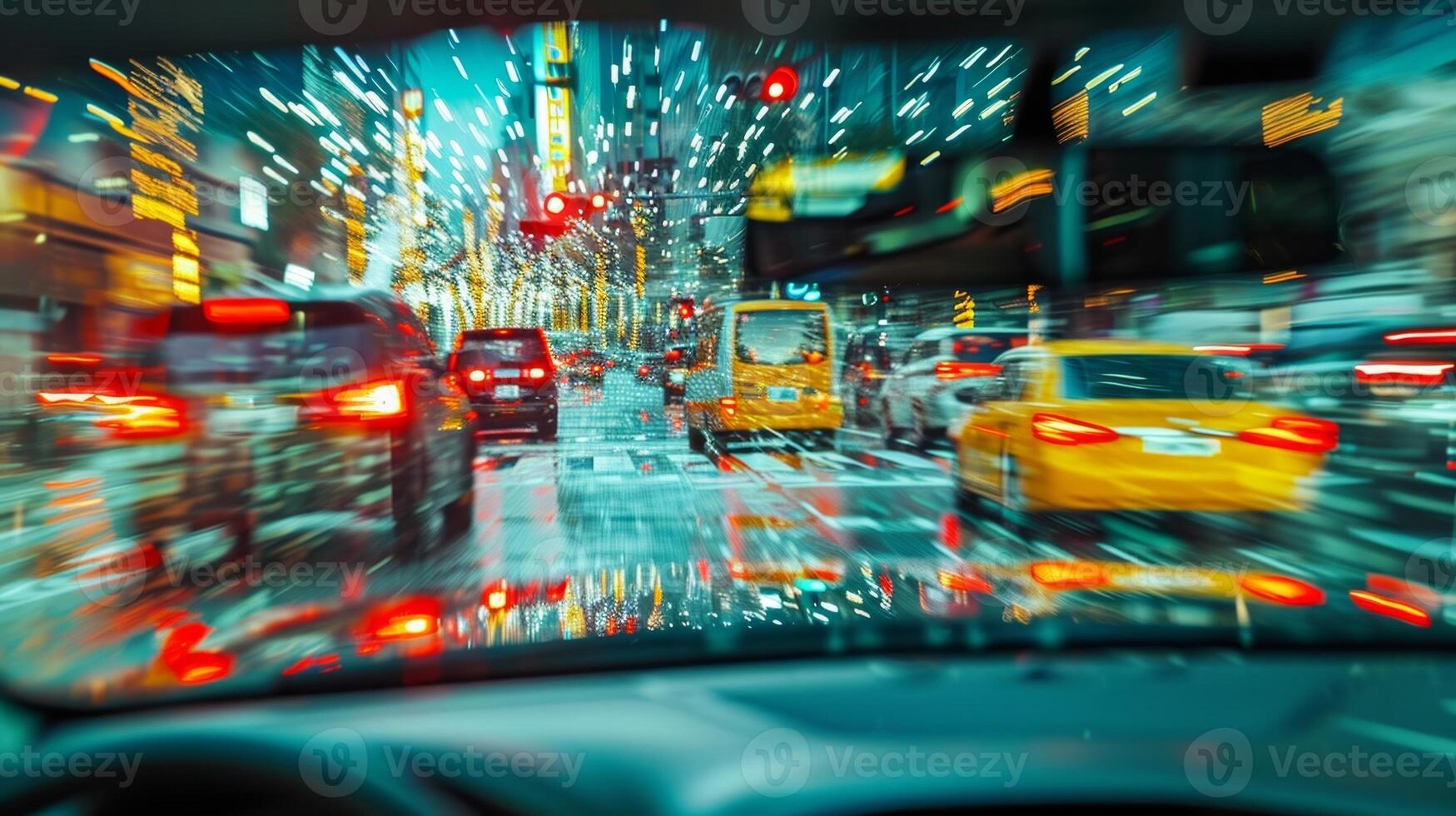 A detailed view of traffic signals and street signs reflected in a cars front windshield creating a unique and complex urban maze photo