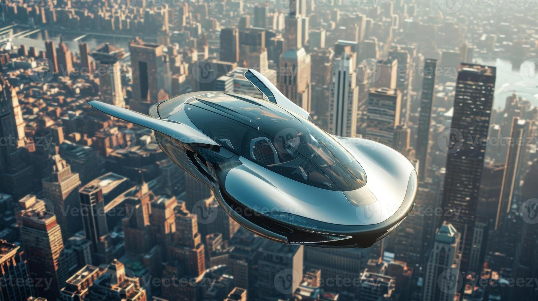 A birds eye view of the car reveals its hovercraft capabilities effortlessly gliding above the bustling city below photo