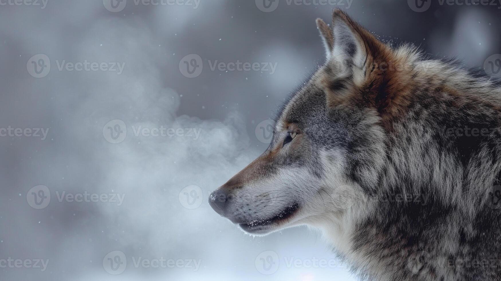 In this intimate shot we see the regal profile of a grey wolf its breath creating a fleeting but captivating visual in the chilly atmosphere photo