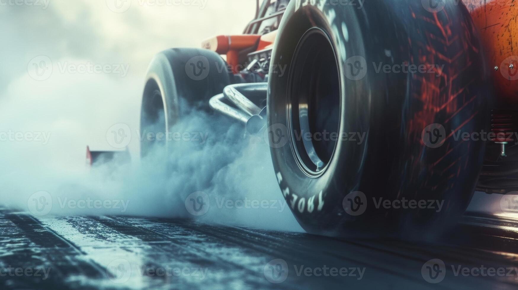 A slowmotion closeup of a dragsters tires spinning rapidly creating a cloud of smoke photo