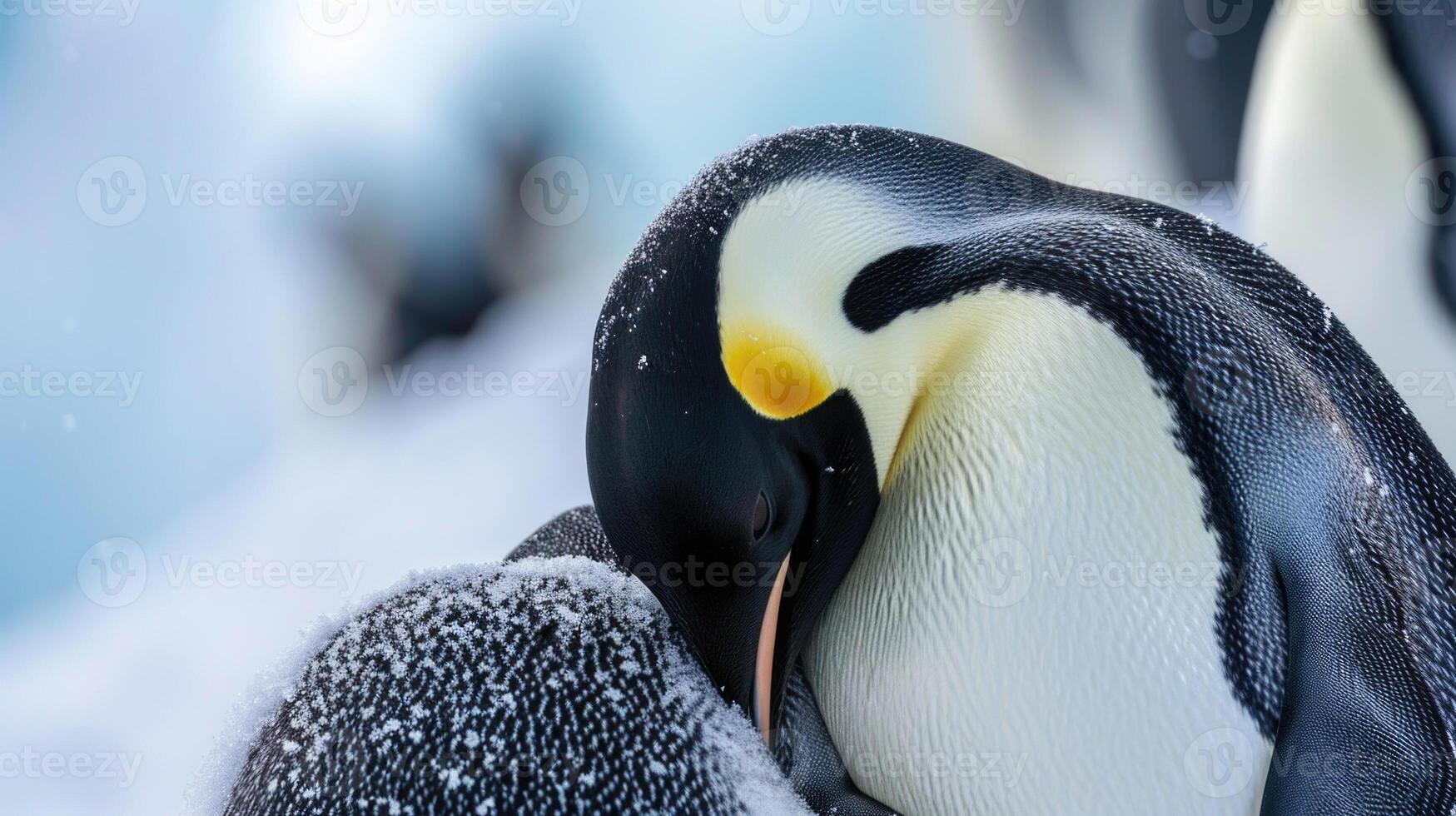 Closeup of a pair of Emperor penguins snuggled next to each other their heads tucked under their feathers as they brace against the frigid winds photo